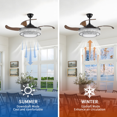 42" Retractable Ceiling Fan with Light, Modern LED Chandelier Fan with Remote Control, 6 Speed Adjustable Blades, Quiet DC Motor, Dimmable Lighting for Living Room, Bedroom, Dining Room、、eastwooduniform