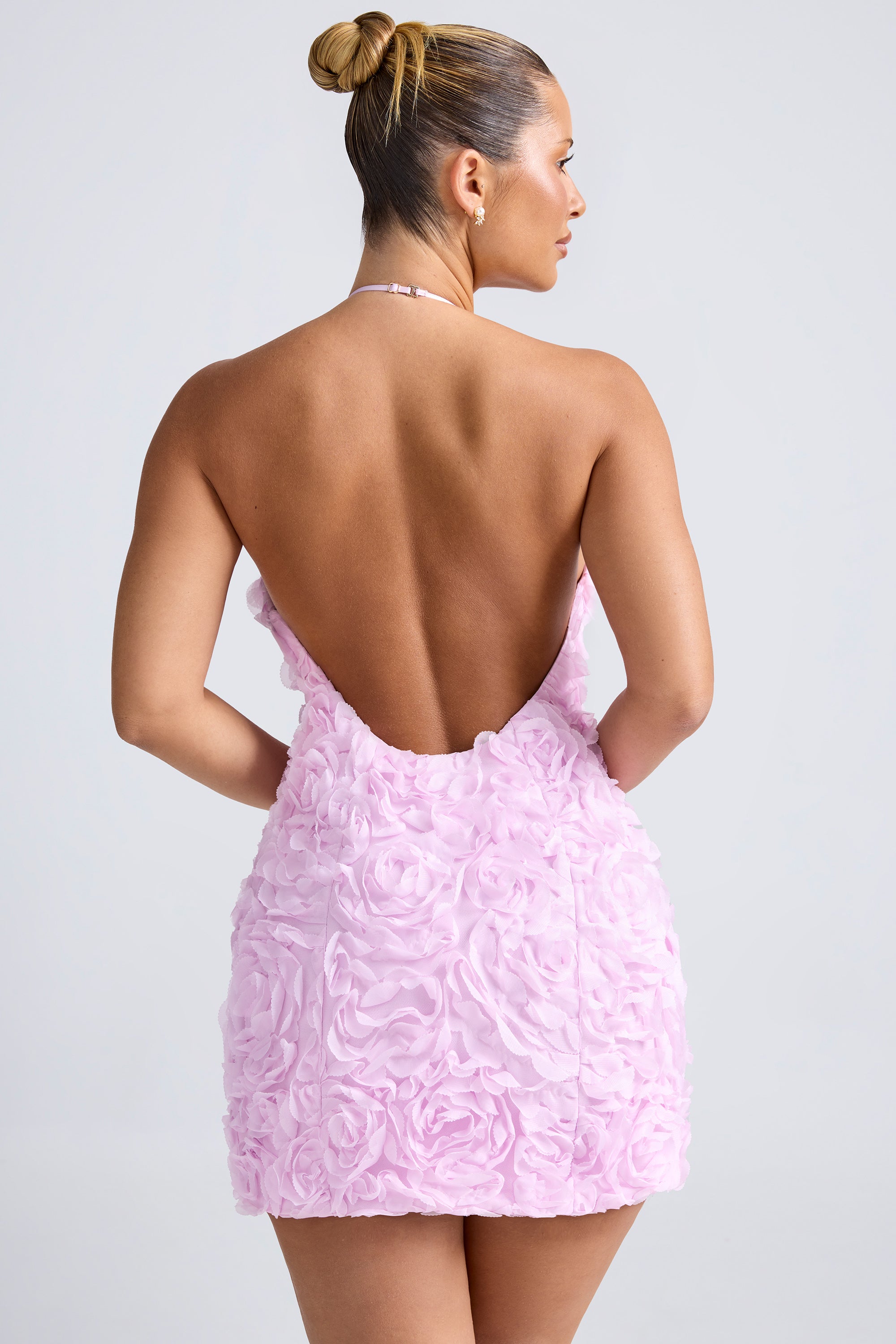 Floral-Appliqué Halterneck A-Line Mini Dress in Lilac、mySite、solidvoid