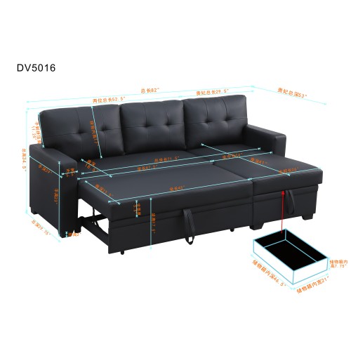 Upholstered Pull out Sectional Sofa with Chaise、、casual