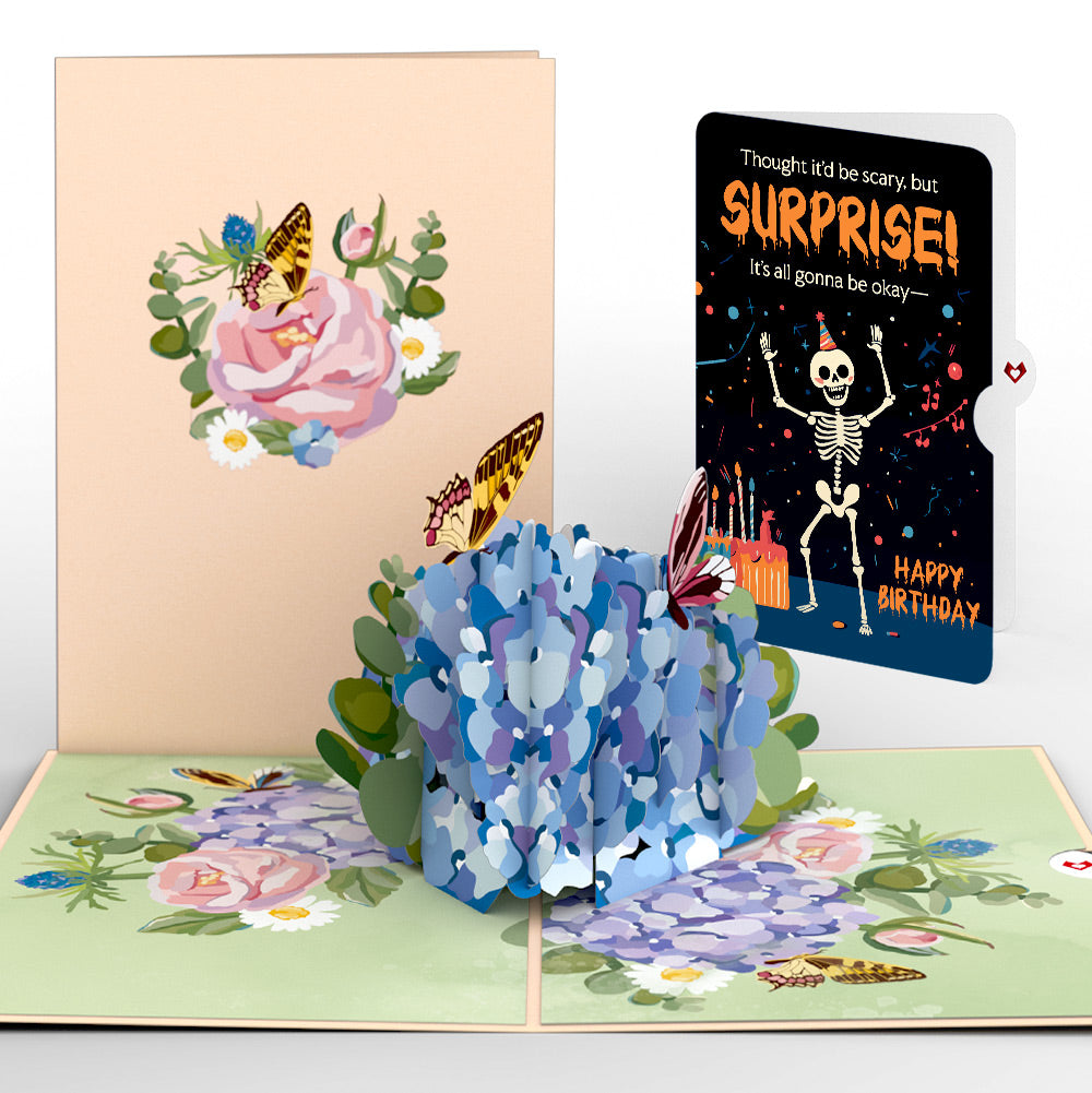 Hydrangea Butterflies Birthday Pop-Up Card and Surprise Skeleton Sentiment Set、mySite、solidvoid