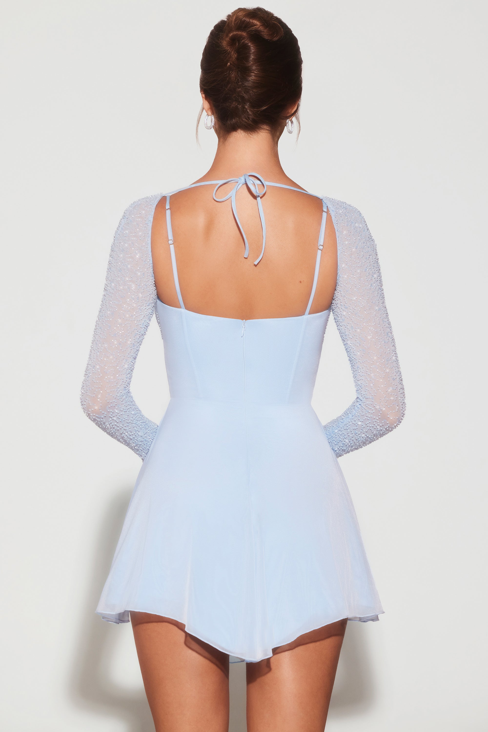 Embellished Long Sleeve Angled Hem Mini Dress in Blue、mySite、solidvoid