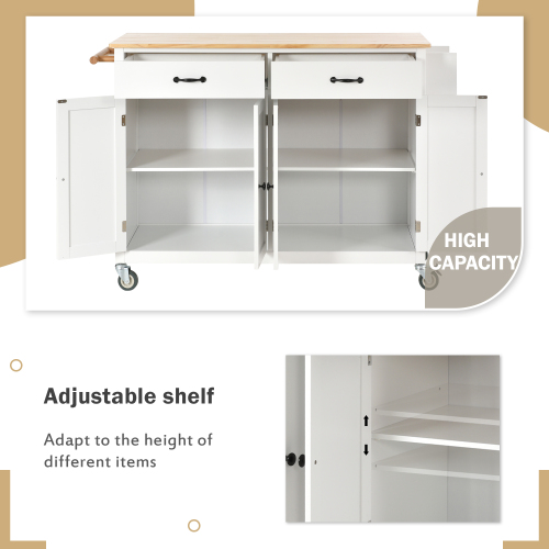 Kitchen Island Cart with Solid Wood Top and Locking Wheels,54.3 Inch Width,4 Door Cabinet and Two Drawers,Spice Rack, Towel Rack (White)、、casual