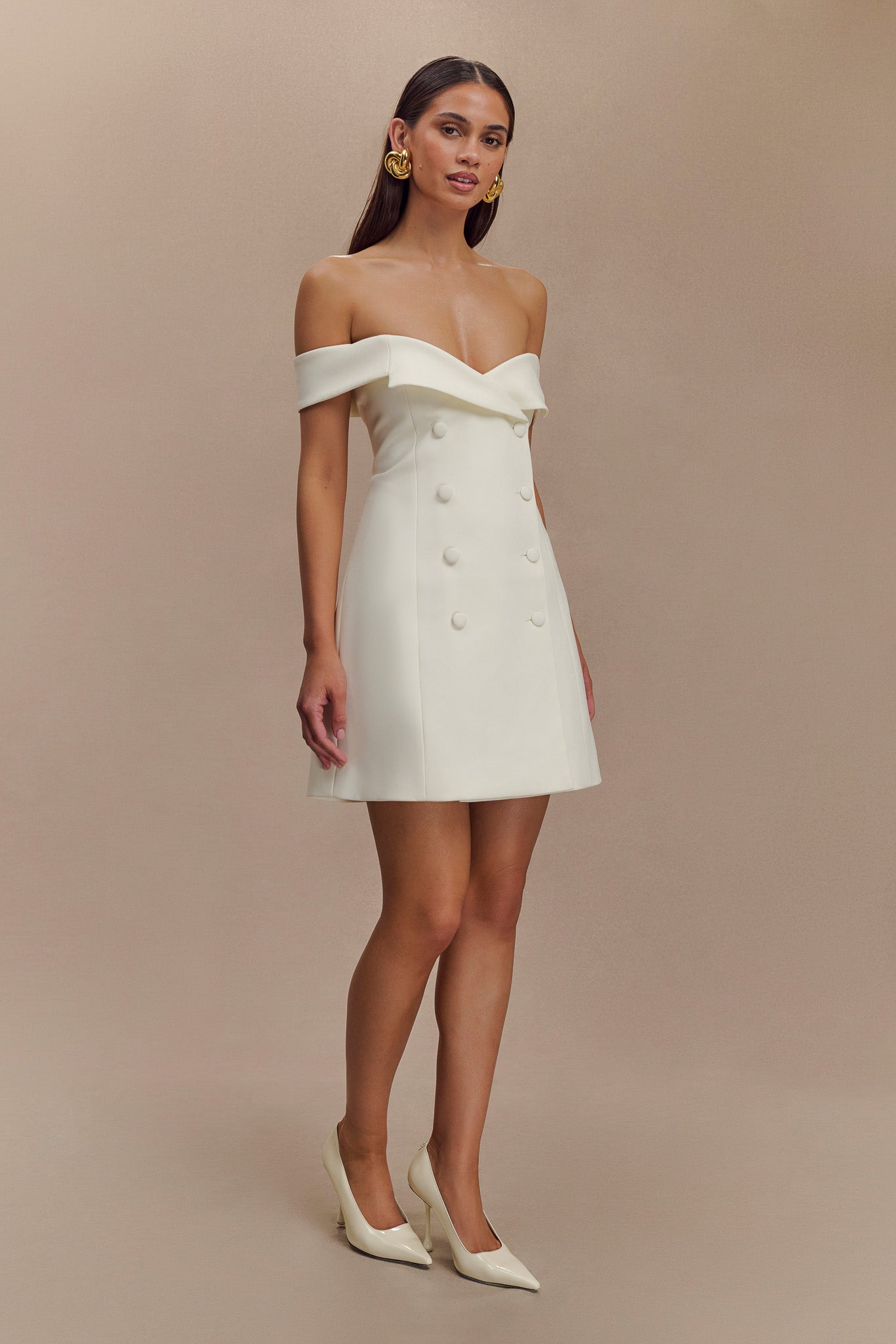 Noelle Off Shoulder Suiting Mini Dress - Ivory、mySite、solidvoid