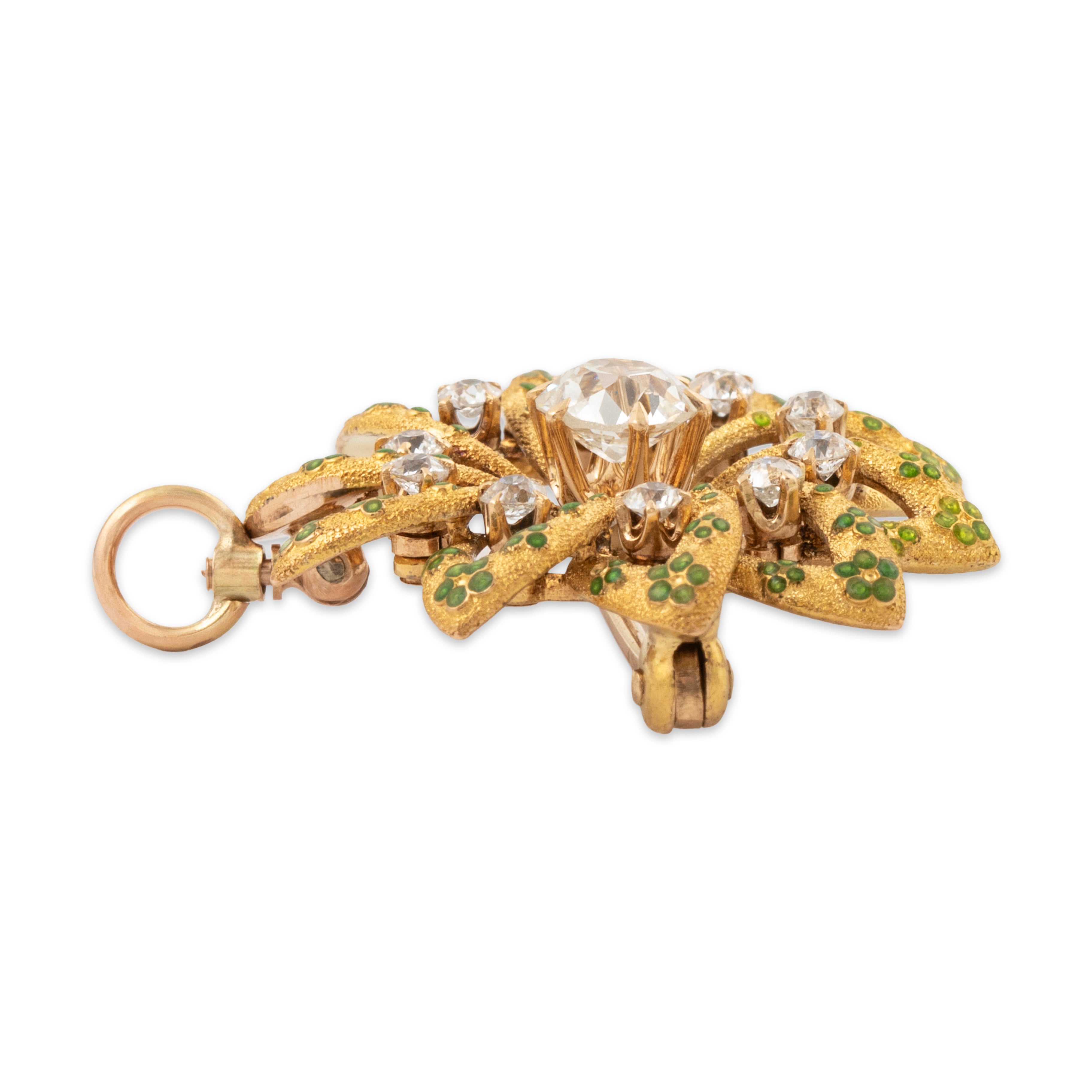 Antique Large 14k Yellow Gold Old Mine Diamond Enamel Green Floral Pin / Pendant、mySite、hinf8tx79