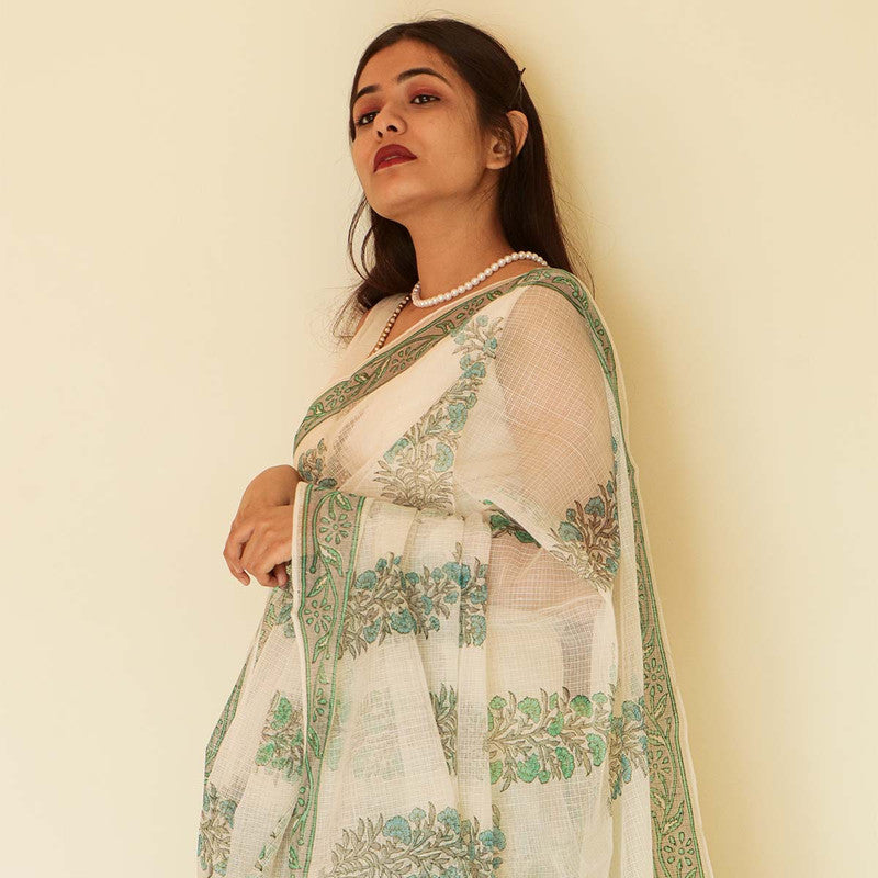 Festive Wear | Handblock Printed Kota Doria Saree | White、mySite、camillekostekn