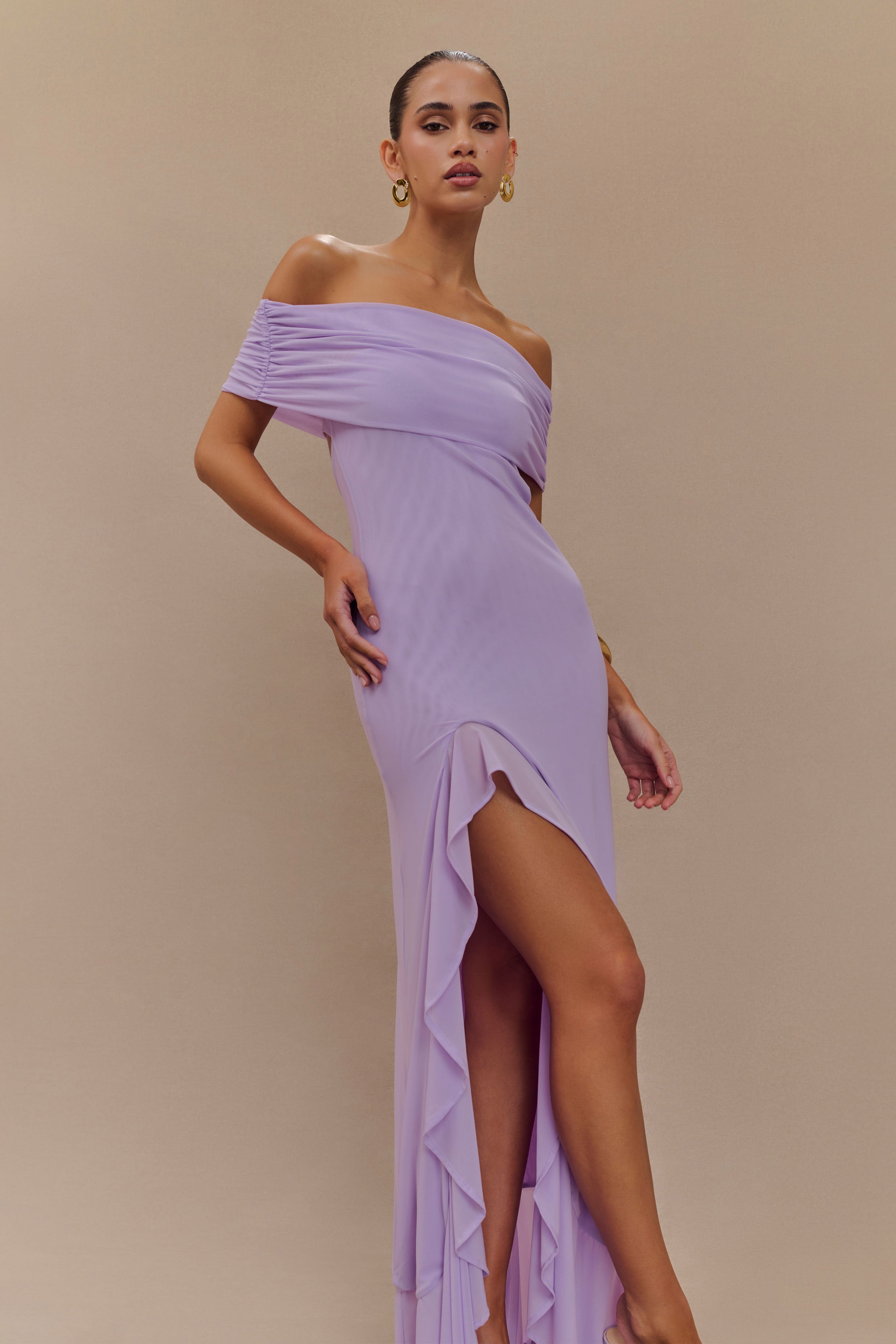 Audrey Off Shoulder Mesh Maxi Dress - Lilac、mySite、solidvoid