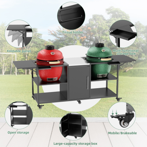 Outdoor Grill Table for Big Green Egg Style BBQ, Metal Grill Cart with Storage Box, Compatible with up to Large Green Egg, Kamado Joe Jr、、eastwooduniform