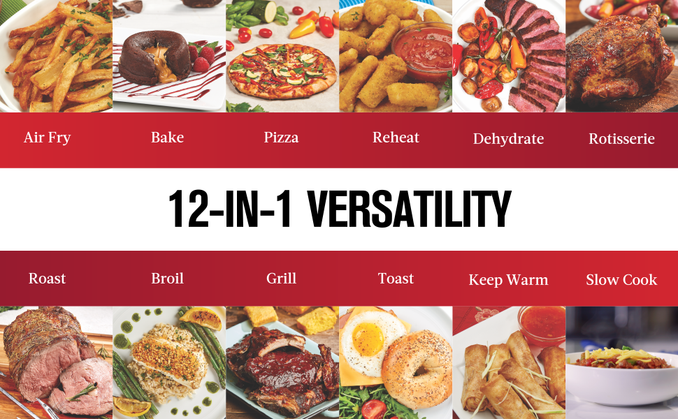 12 in 1 versatility: Air Fry, Bake, Pizza, Roast, Broil, Grill, Toast, Slow Cook, Dehydrate & More