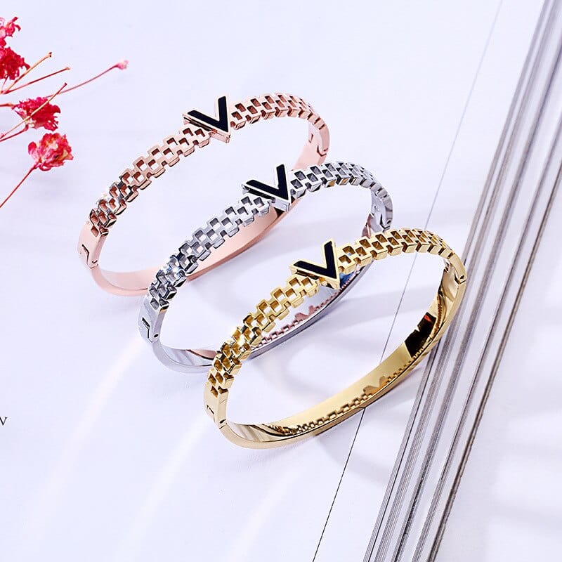 V is for Vegan Bangle Style Bracelet-Stainless Steel, White/Yellow/Rose Gold Plated、mySite、g9winljtr