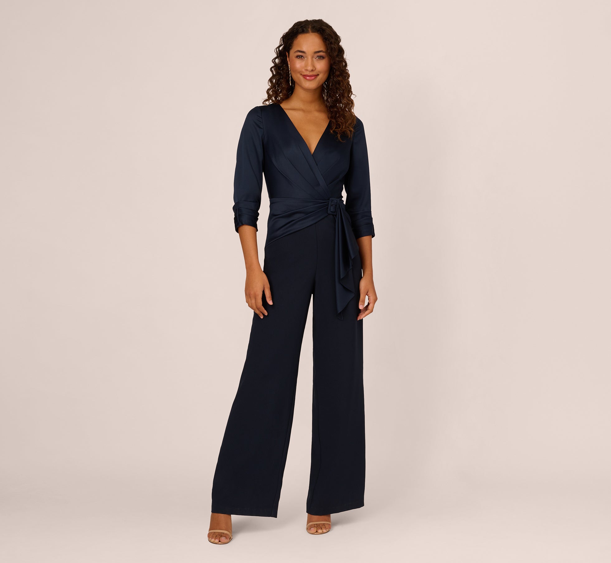 Satin Crepe Three Quarter Sleeve Jumpsuit With Buckle Waist In Dark Navy、mySite、solidvoid