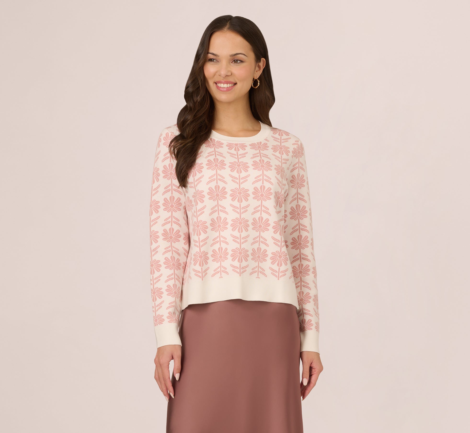 Crew Neck Floral Pullover Sweater In Ivory Champagne Rose Floral、mySite、solidvoid