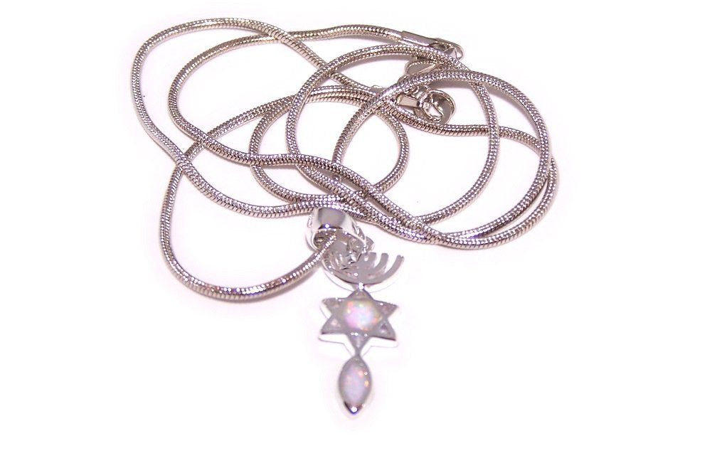 Messianic Seal symbol with White created Opal Stones - Rhodium plated (2.5 cm - 1 inch - 20 Inch Chain)、mySite、topwebapps