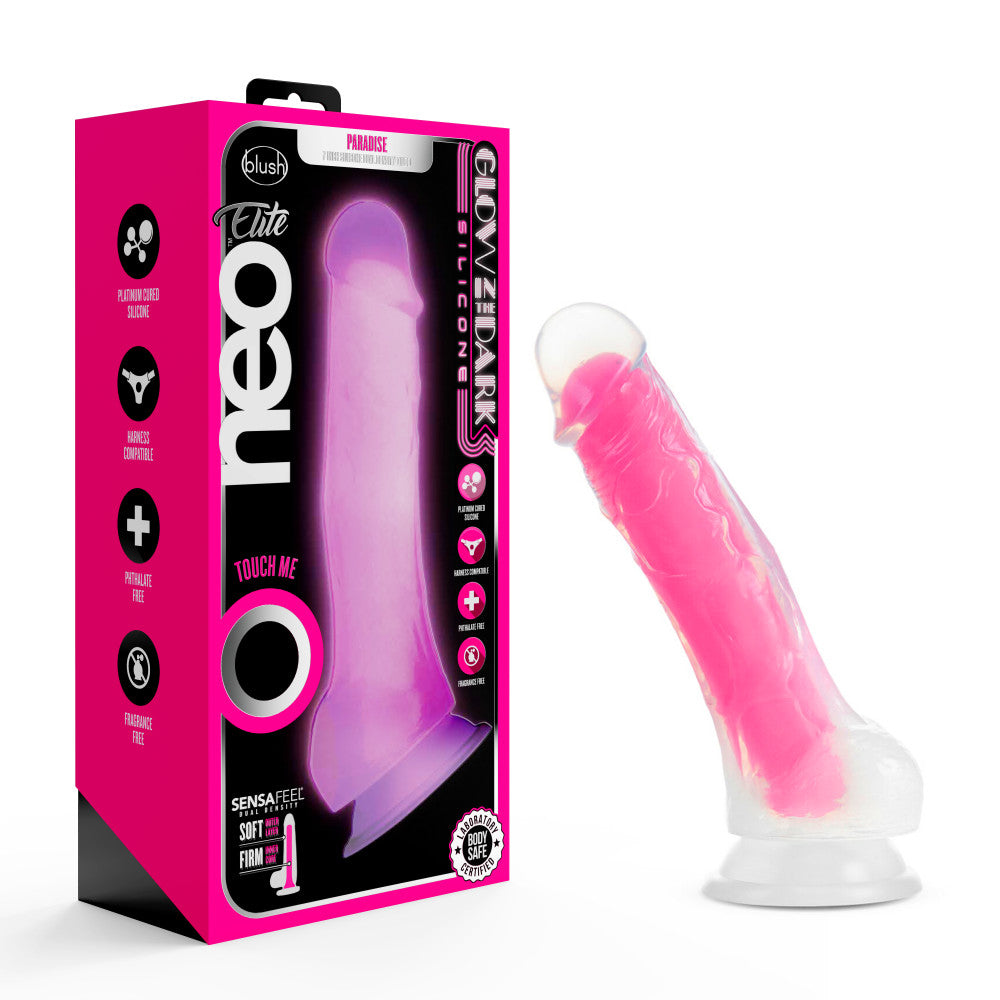 Neo Elite By Blush® | Paradise Glow In The Dark Neon Pink: 7.5-Inch Long Dildo - Made with Purio™ Silicone & SensaFeel® Dual Density Realistic Technology、mySite、bottomscart