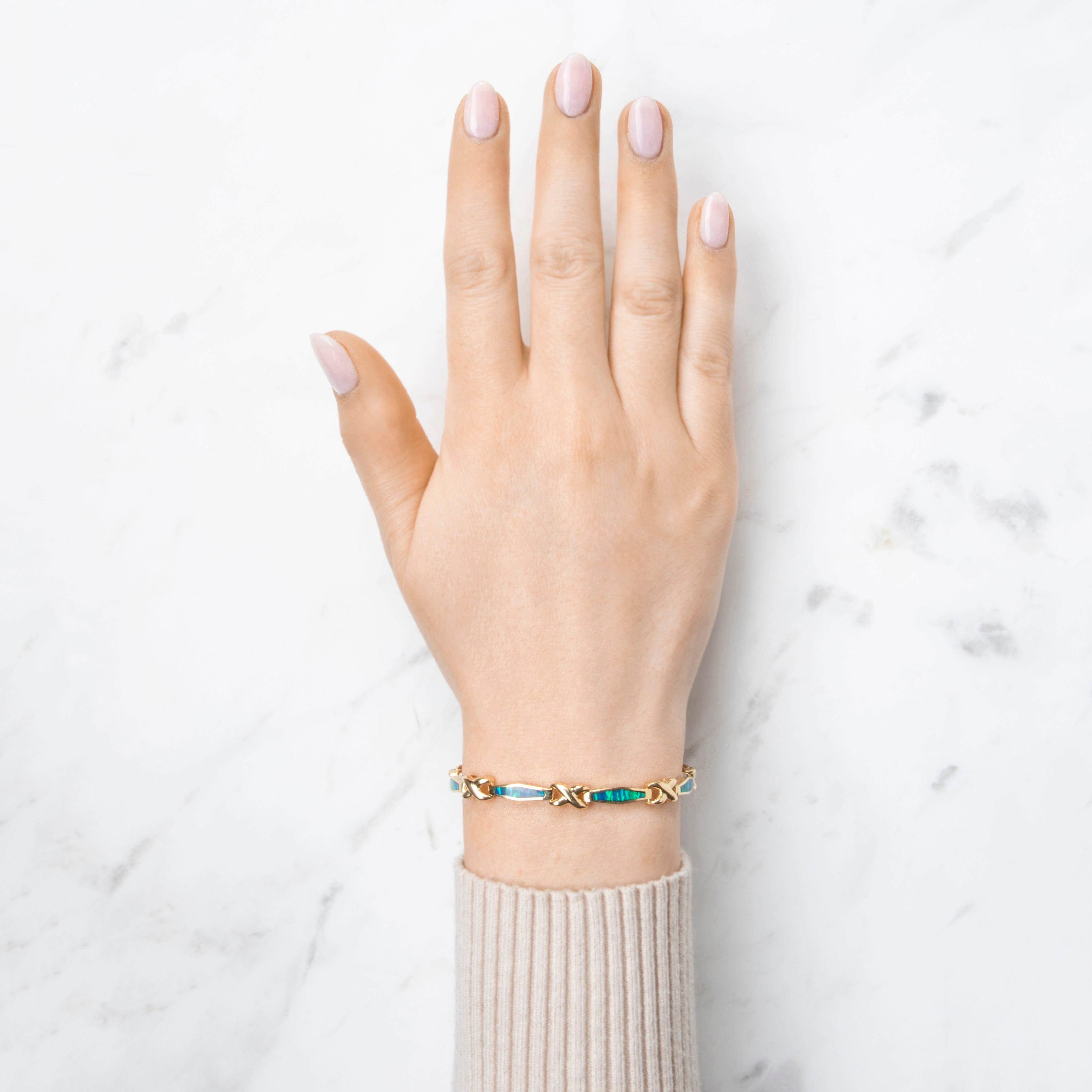 Vintage 14k Yellow Gold Blue Simulation Opal Criss-Cross Link Bracelet 7、mySite、hinf8tx79