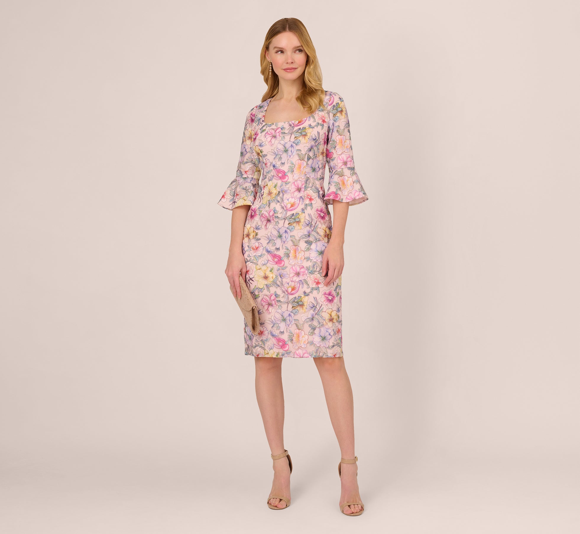 Floral Embroidered Sheath Dress With Three Quarter Bell Sleeves In Blush Multi、mySite、solidvoid