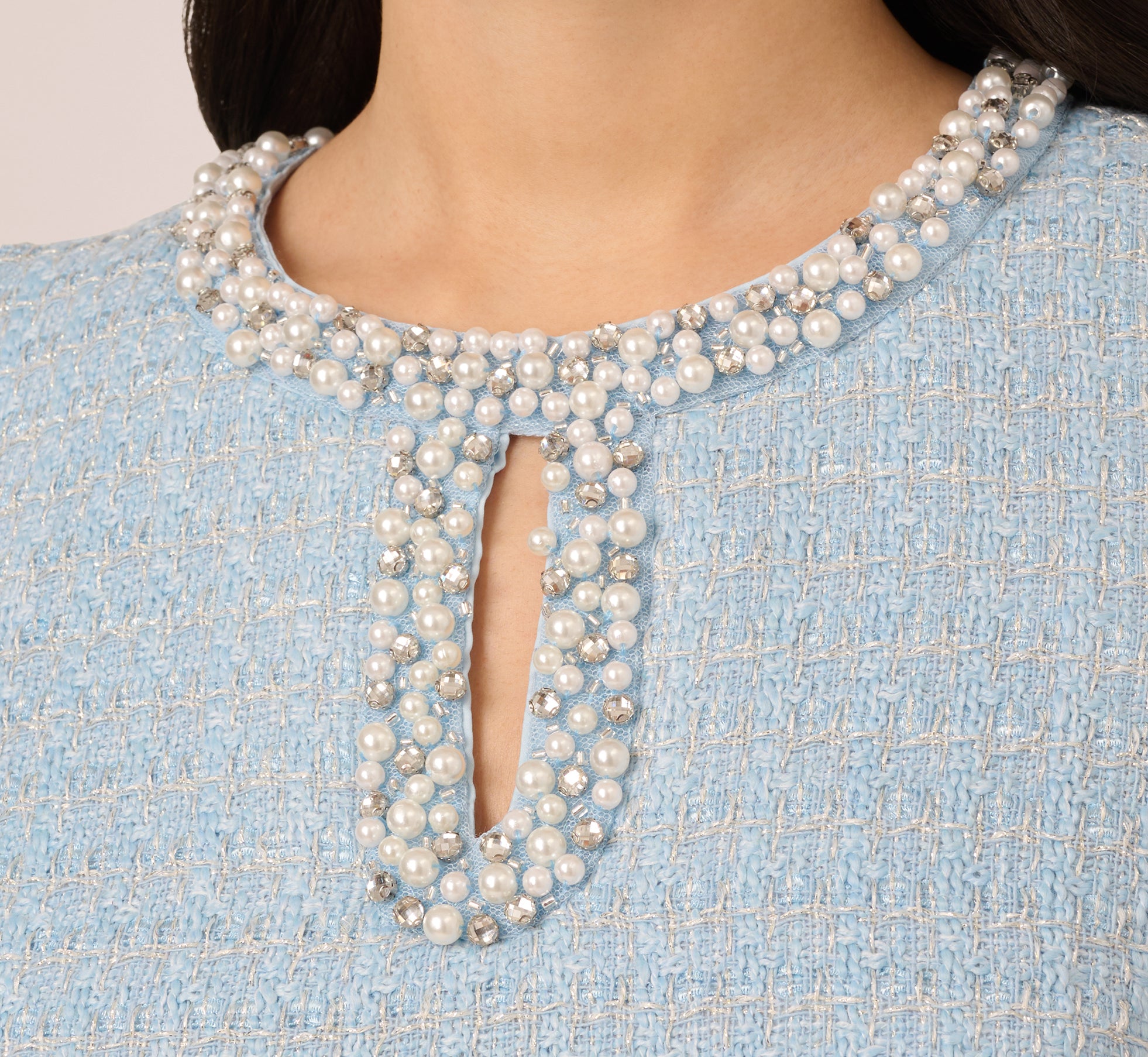 Sleeveless Tweed Beaded Keyhole Shift Dress In Light Blue、mySite、solidvoid