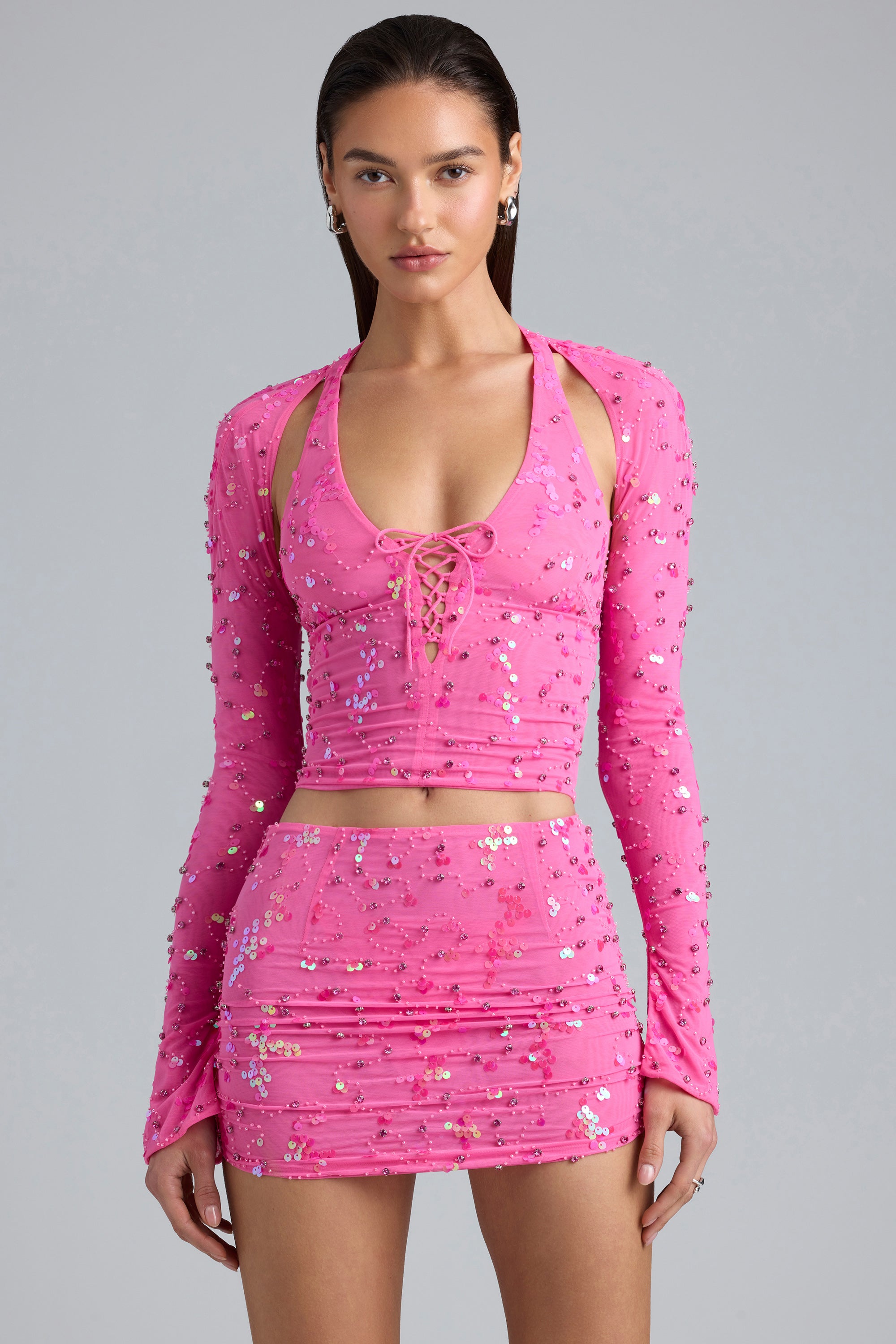 Embellished Cut-Out Halterneck Top in Bubblegum Pink、mySite、solidvoid