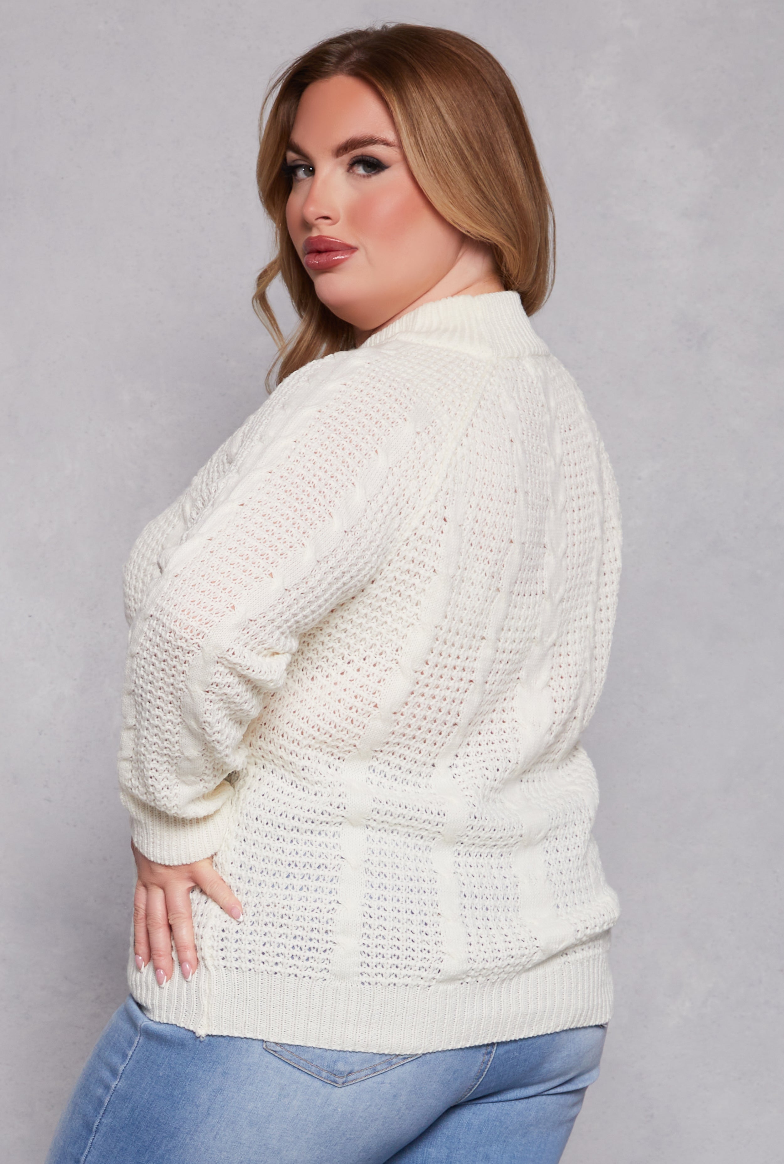 Plus Size Cable Knit Mock Neck Sweater、mySite、camillekostekn