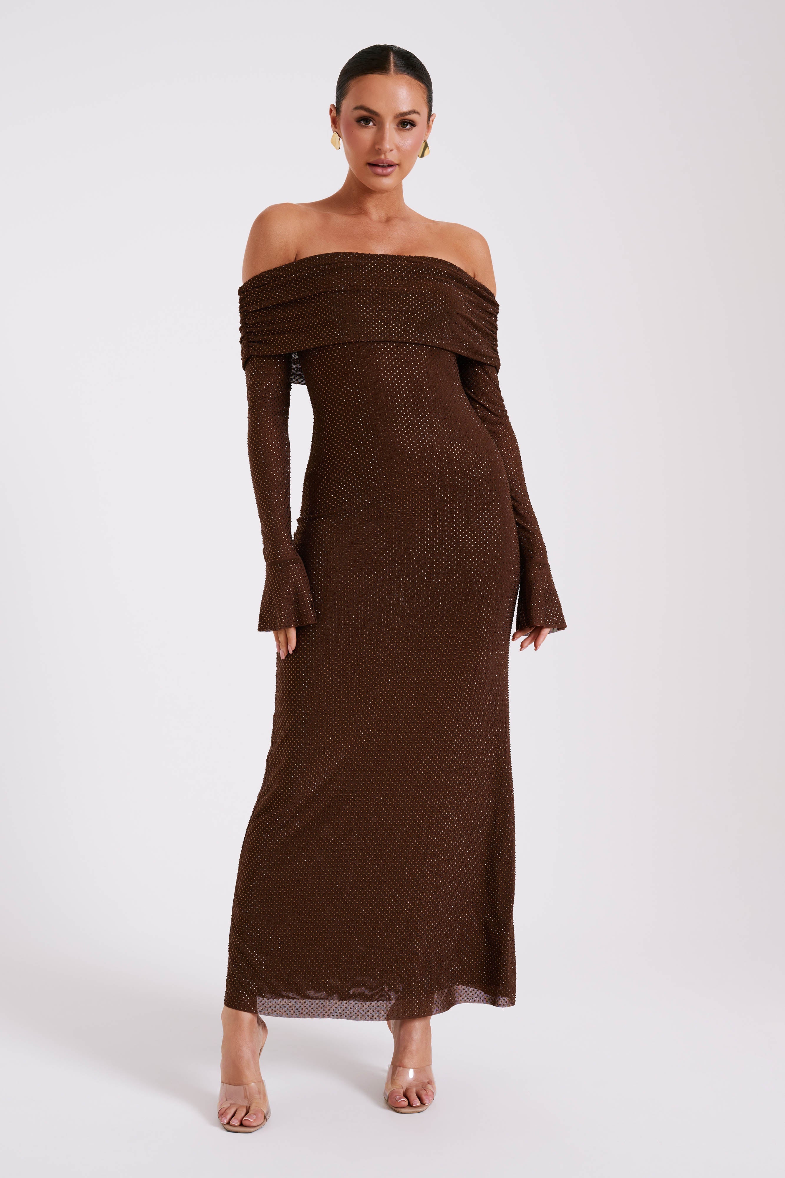 Marcel Off Shoulder Diamante Maxi Dress - Chocolate、mySite、solidvoid