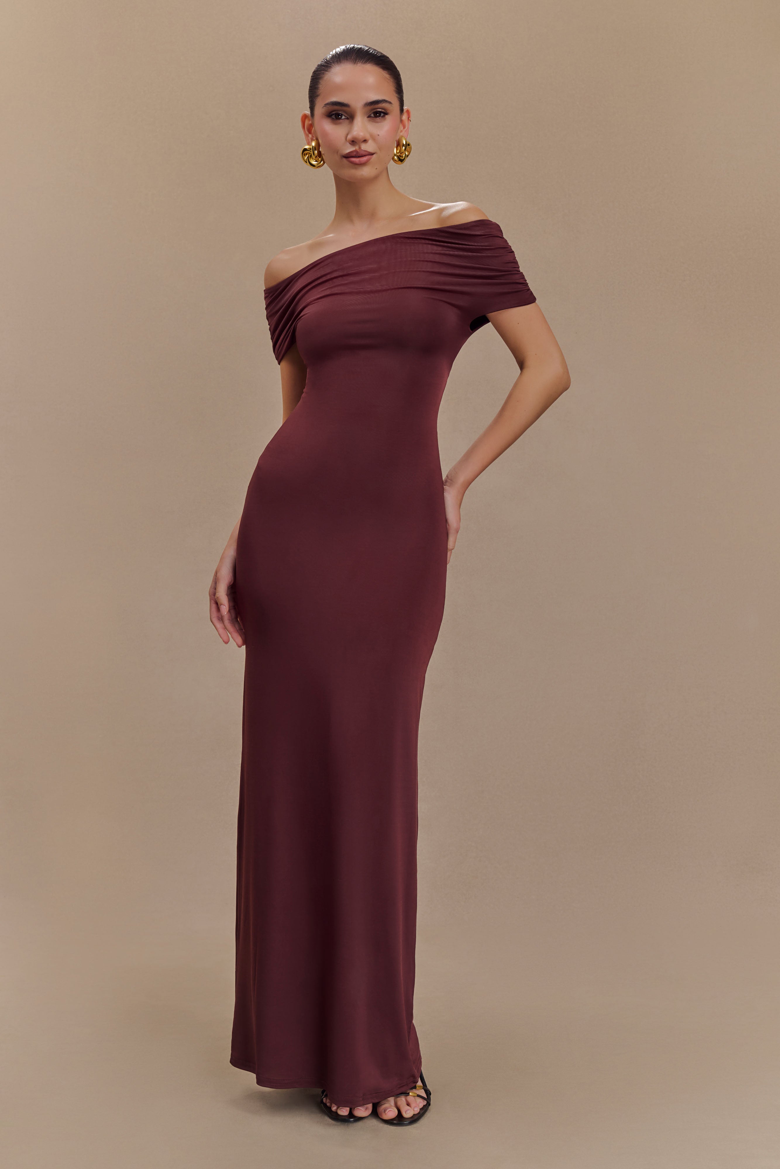 Imogen Off Shoulder Slinky Maxi Dress - Mahogany、mySite、solidvoid
