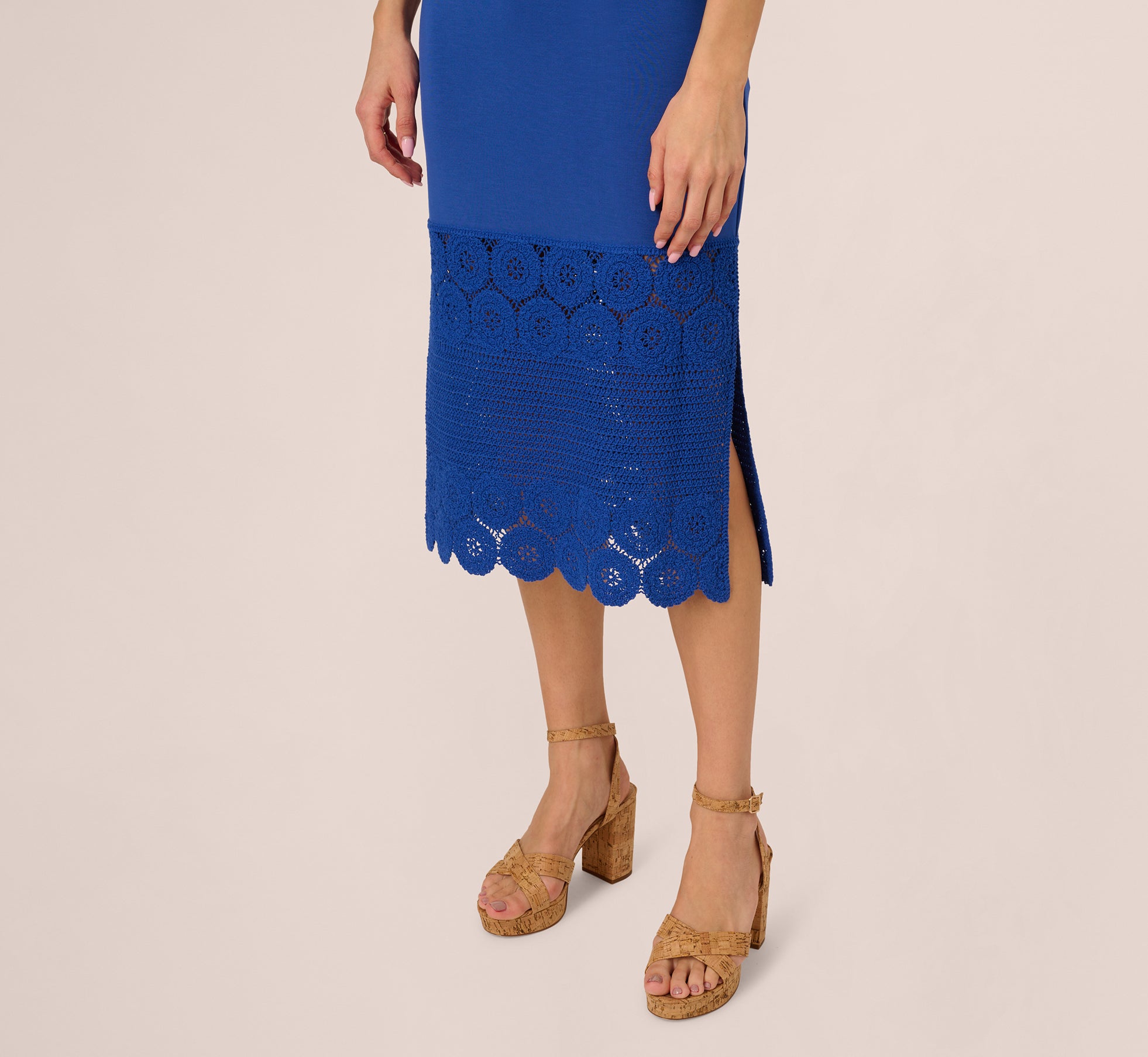 Crochet Trimmed Sheath Midi Dress With Tank Straps In Cobalt、mySite、solidvoid