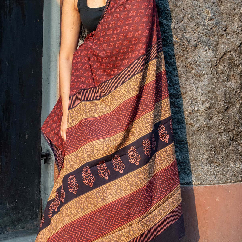 Festive Wear | Bagru Printed Chanderi Maroon Saree、mySite、camillekostekn