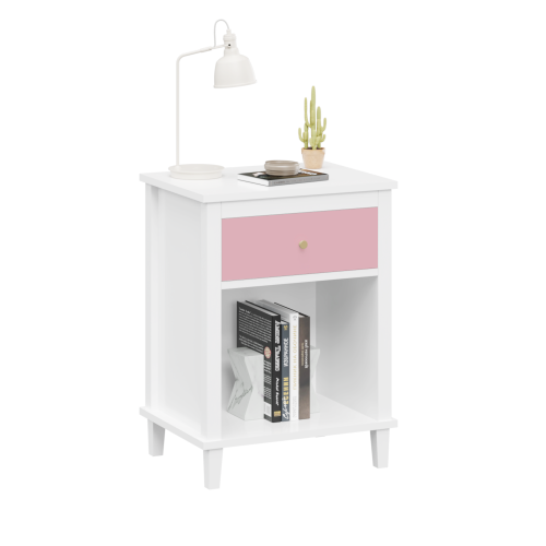26.77''H Wooden Nightstand with One Drawer One Shelf for Kids, Adults, White+Golden handle、、casual