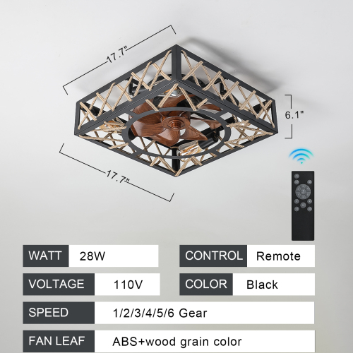 Farmhouse Rustic Ceiling Fan and Remote Control,Square Caged Industrial Ceiling Fixture with 6 Speeds & Noiseless DC Motor for Kitchen Dining Room Living Room Bedroom、、eastwooduniform