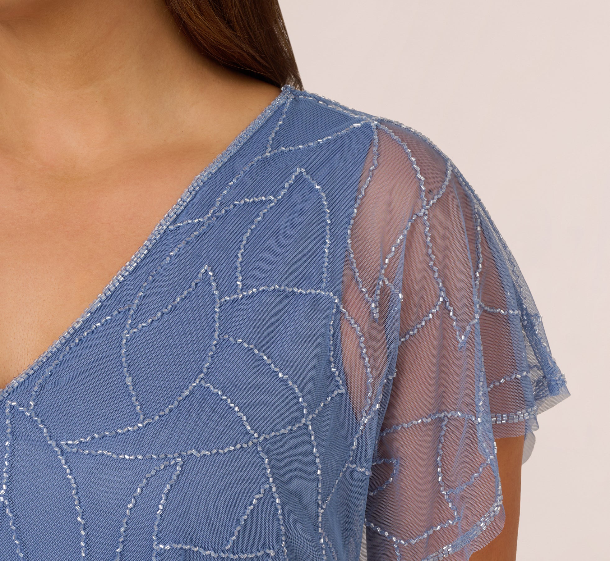 Plus Size Beaded Blouson Mermaid Gown With Sheer Dolman Sleeves In French Blue、mySite、solidvoid