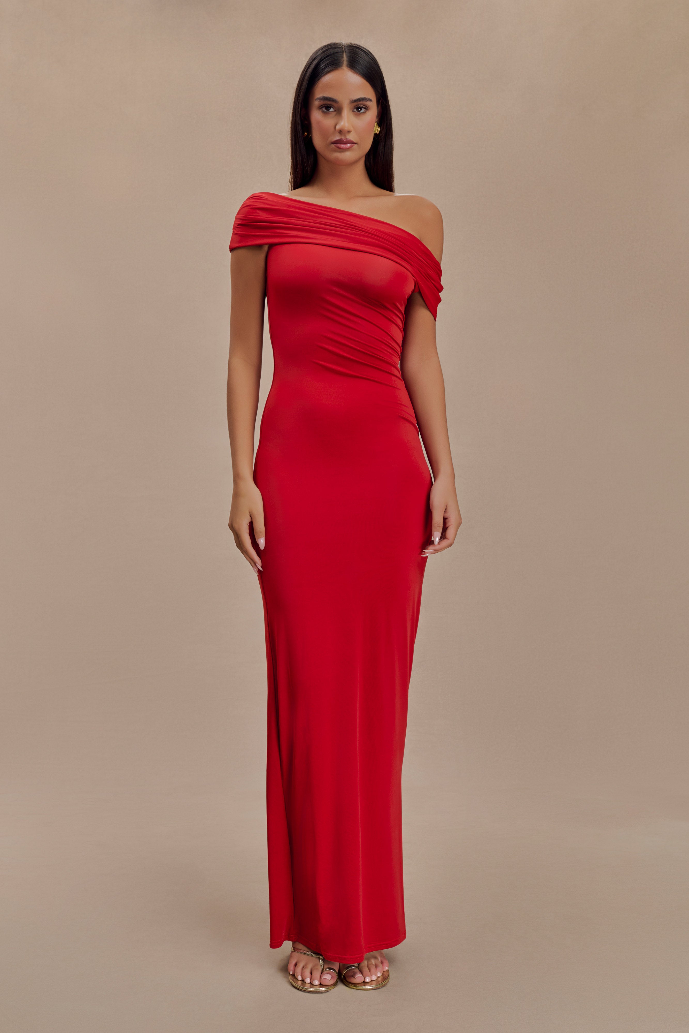 Cassandra Off Shoulder Slinky Maxi Dress - Red、mySite、solidvoid