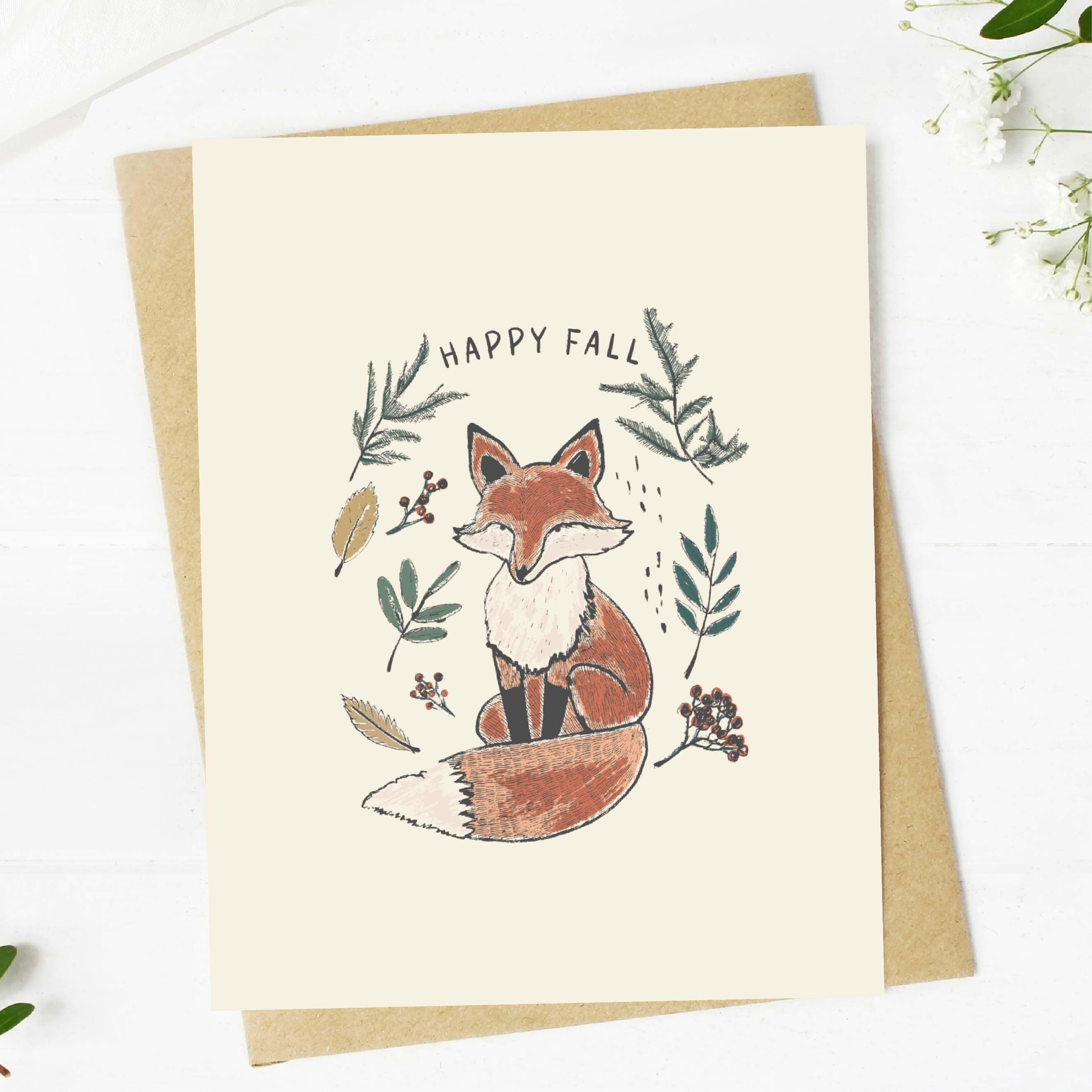  Happy Fall Sitting Fox Greeting Card、mySite、elrpsem3k