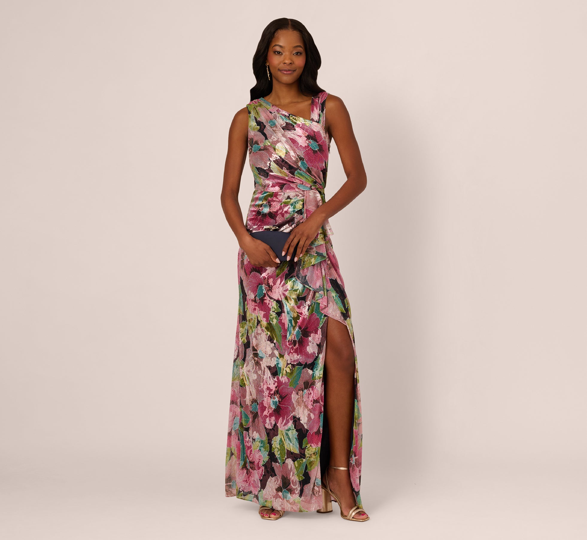 Sleeveless Asymmetrical Metallic Floral Gown In Navy Pink Multi、mySite、solidvoid