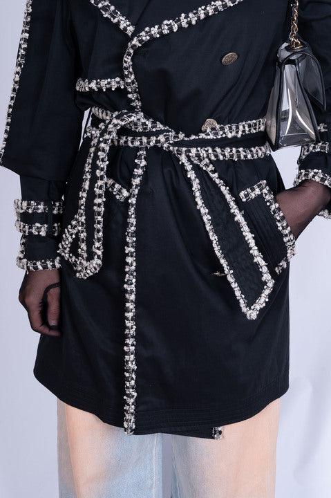 Chanel Vintage Black Trench Coat with Tweed and Chain-Link Trim Rare、mySite、garminoutage.com