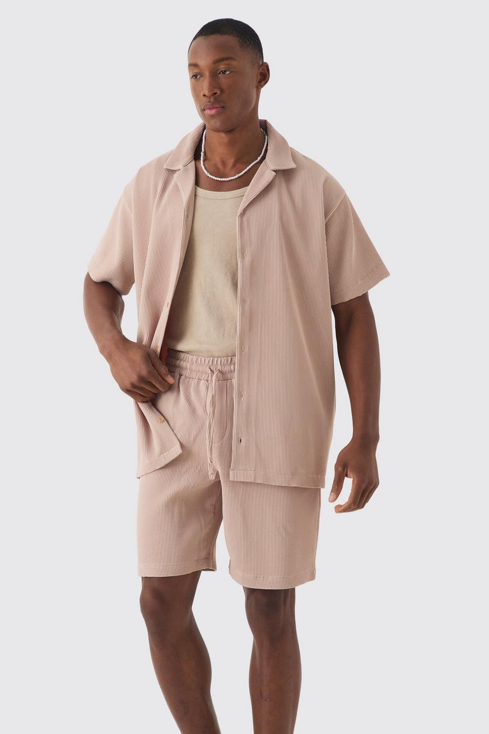  Boohooman Oversized Short Sleeve Pleated Shirt And Short Taupe、mySite、justintrudeaud