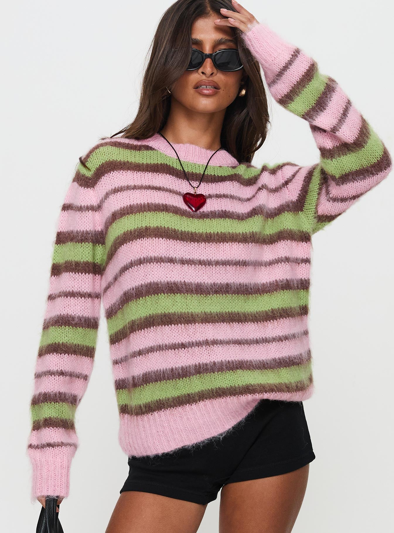 Maysie Crew Neck Knit Sweater Green / Pink、mySite、solidvoid