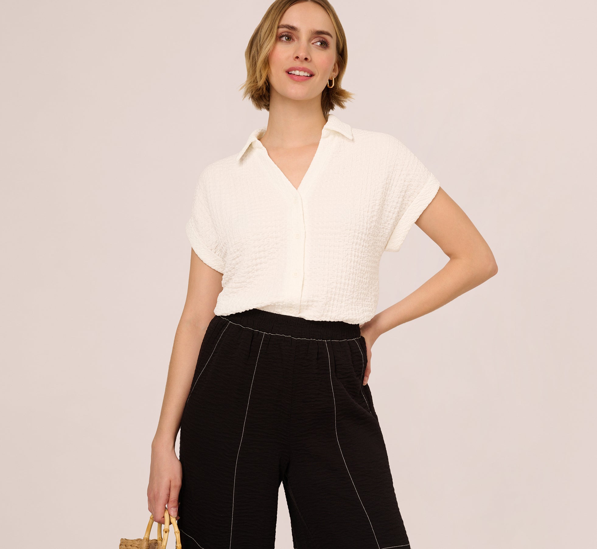 Cap Sleeve Semisheer Textured Button Front Top In Ivory、mySite、solidvoid