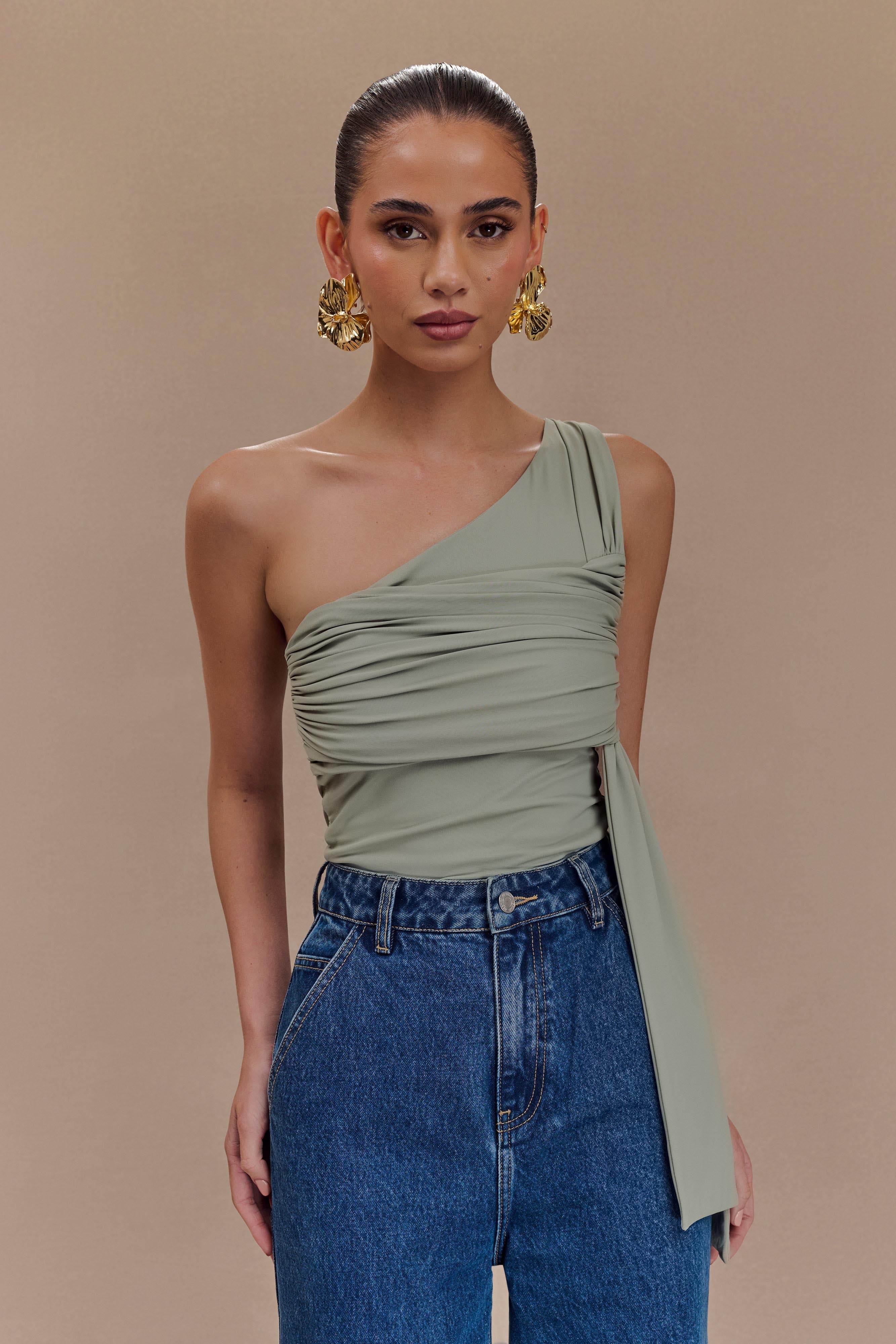 Sera One Shoulder Recycled Nylon Top With Drape - Basil、mySite、solidvoid