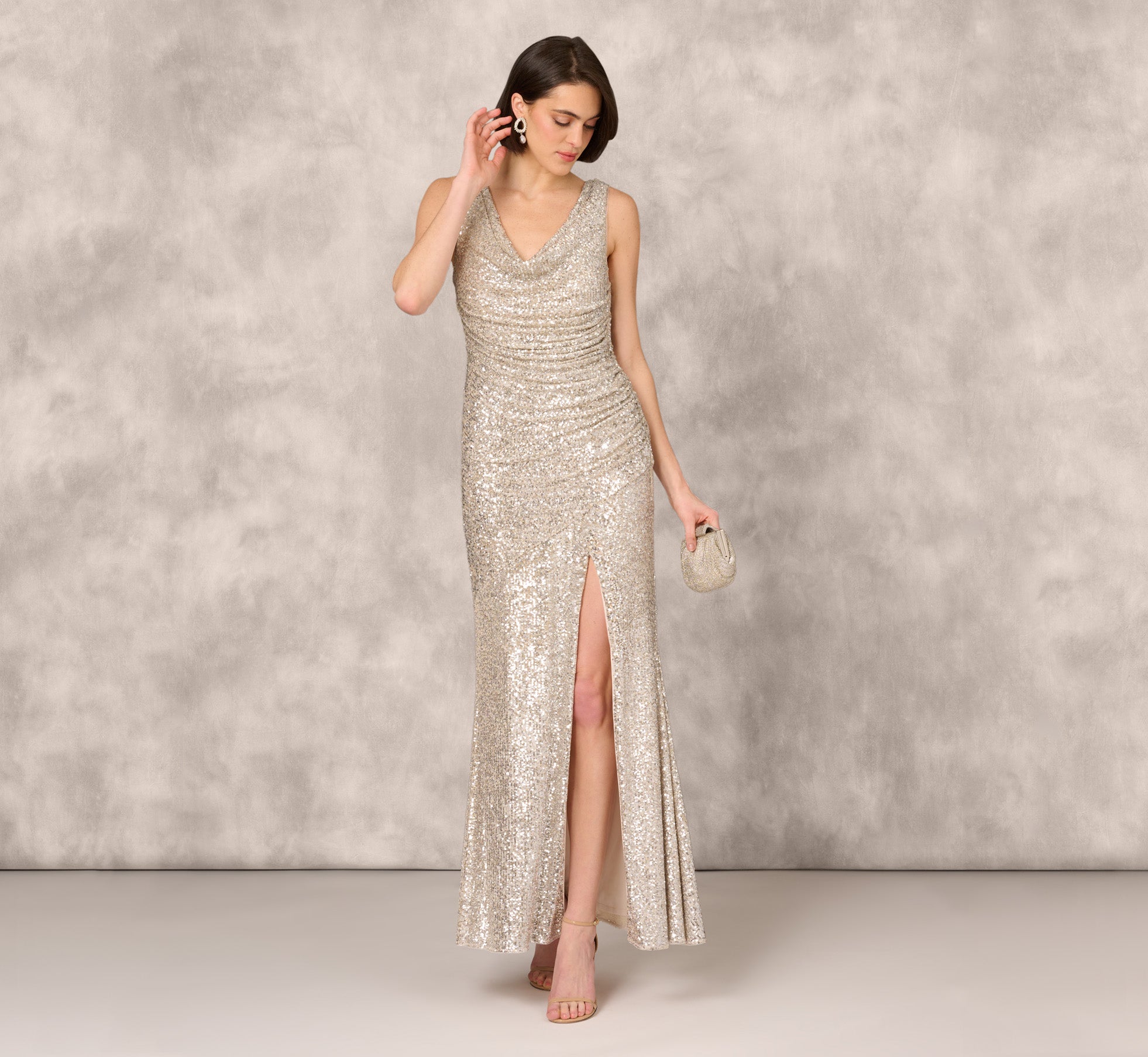Stretch Sequin Sleeveless Cowl Neck Gown With Gathered Details In Champagne Silver、mySite、solidvoid