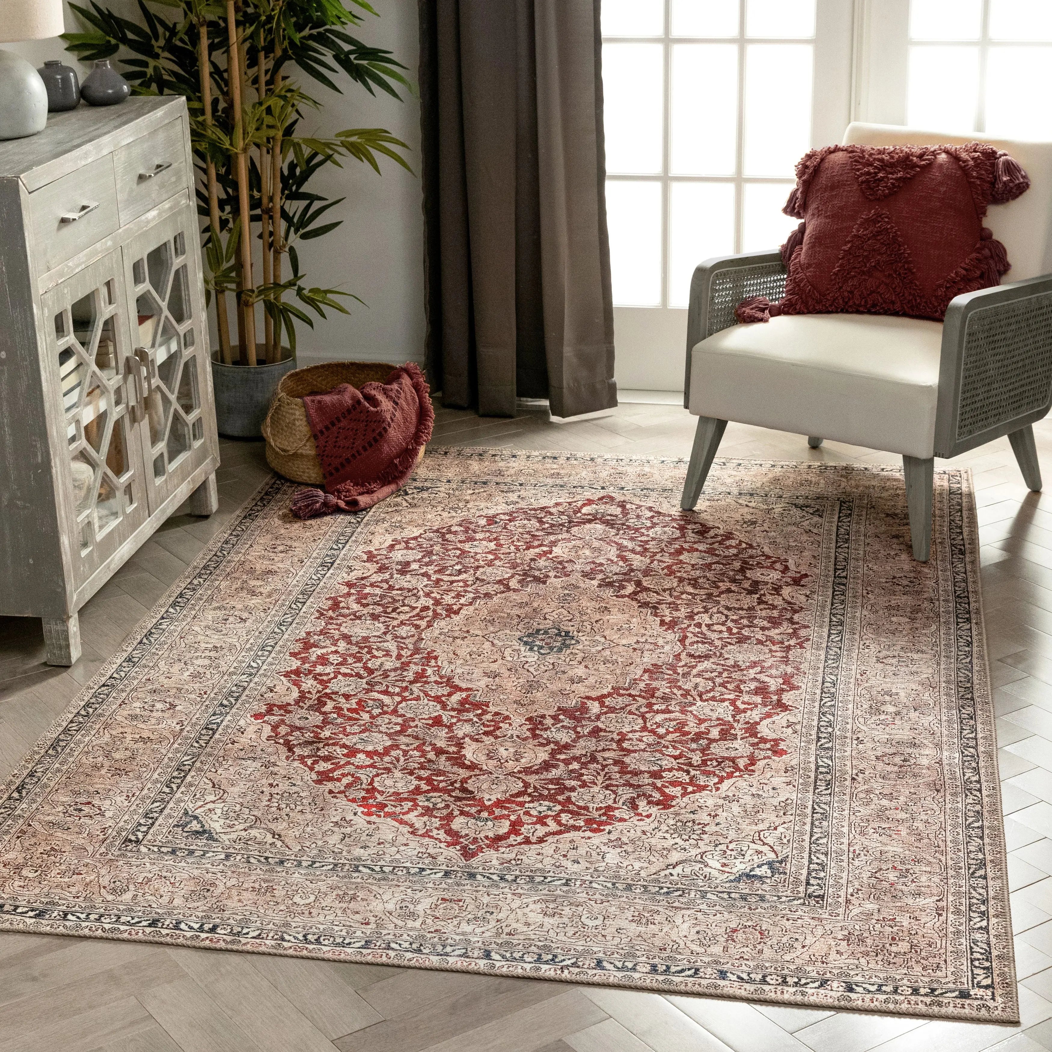Tonti Machine Washable Vintage Medallion Oriental Red Flat-Weave Distressed Rug、mySite、gigharbornorthrealestate