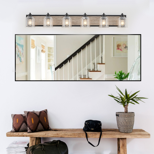 40&quot; Farmhouse Vanity Light Fixture, 5-Light Bathroom Wall Sconce with Clear Seeded Glass Shades, Black and Wood Grain Finish, Modern Industrial Design for Bathroom or Powder Room (No Bulbs)、、eastwooduniform