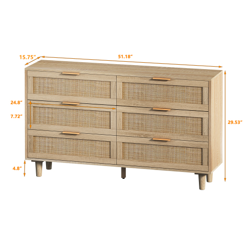 51.18"6-Drawers Rattan Storage Cabinet Rattan Drawer,for Bedroom,Living Room,Natural (Same SKU:W757P198980)、、casual