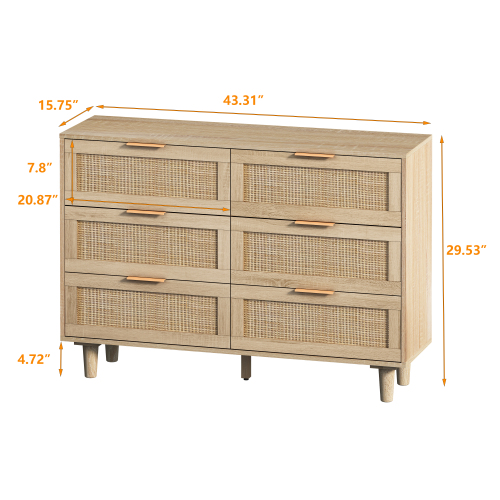 51.18"6-Drawers Rattan Storage Cabinet Rattan Drawer,for Bedroom,Living Room,Natural (Same SKU:W757P198980)、、casual