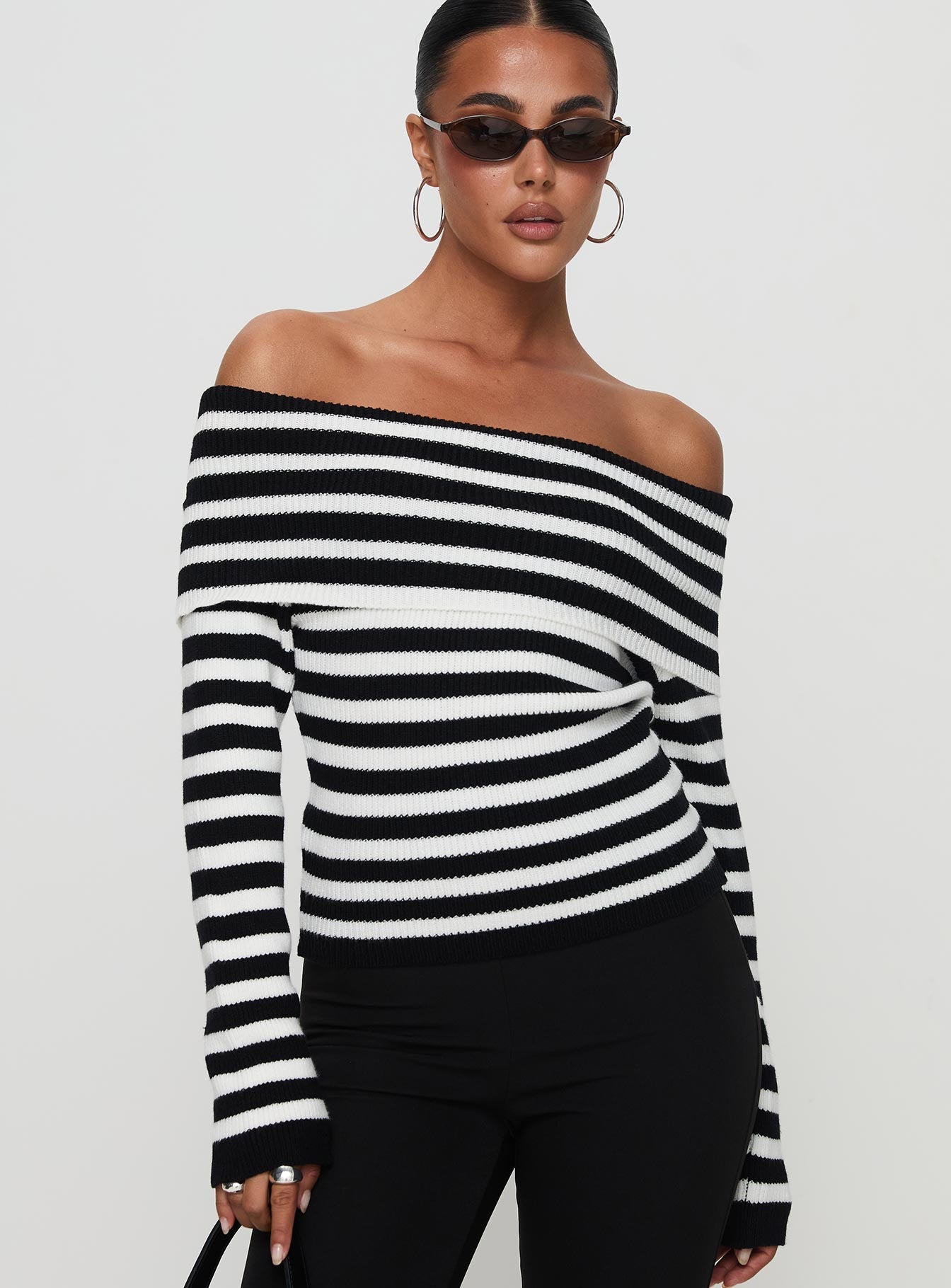 Danyel Off The Shoulder Sweater Black / White Stripe、mySite、solidvoid