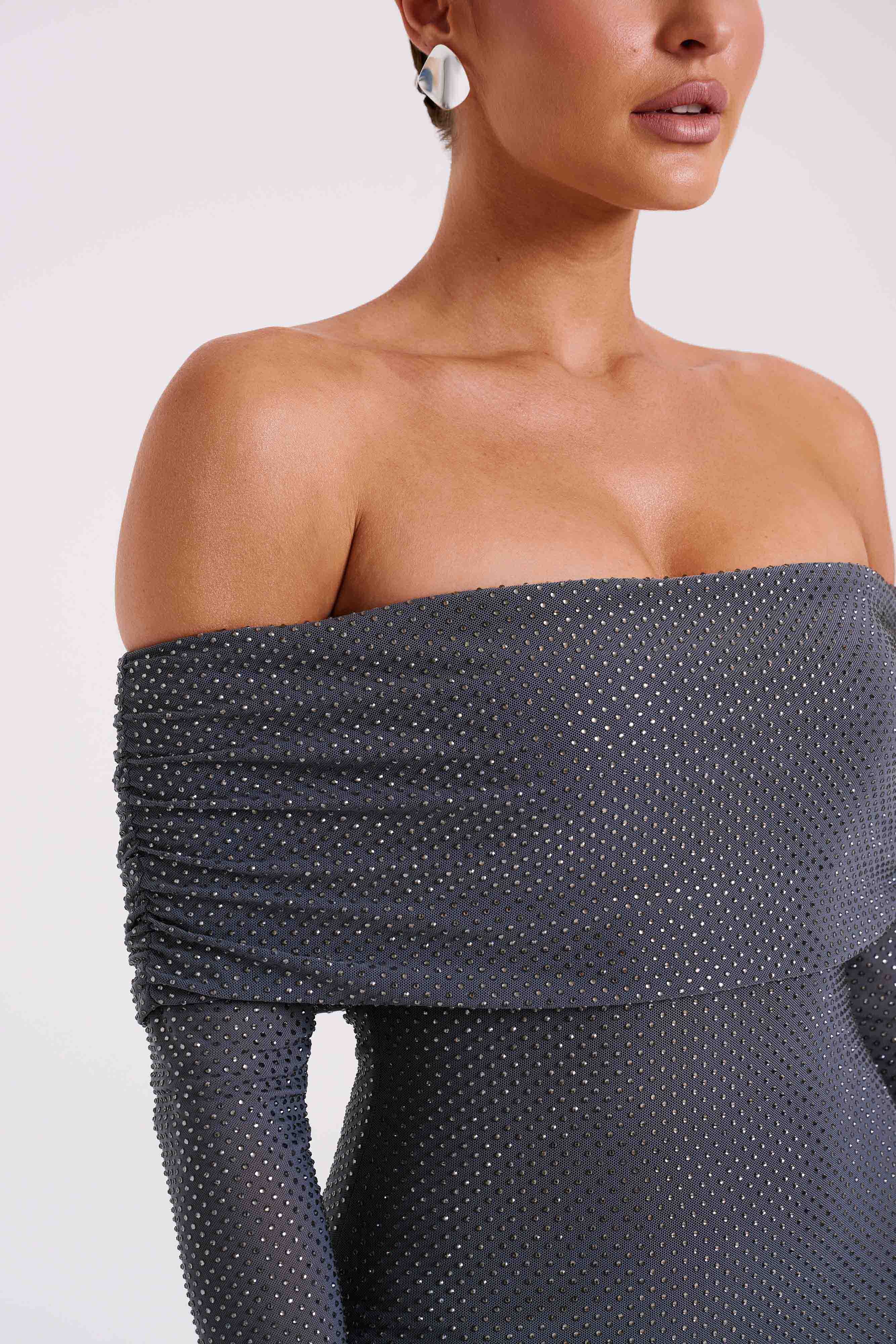 Marcel Off Shoulder Diamante Maxi Dress - Gunmetal、mySite、solidvoid