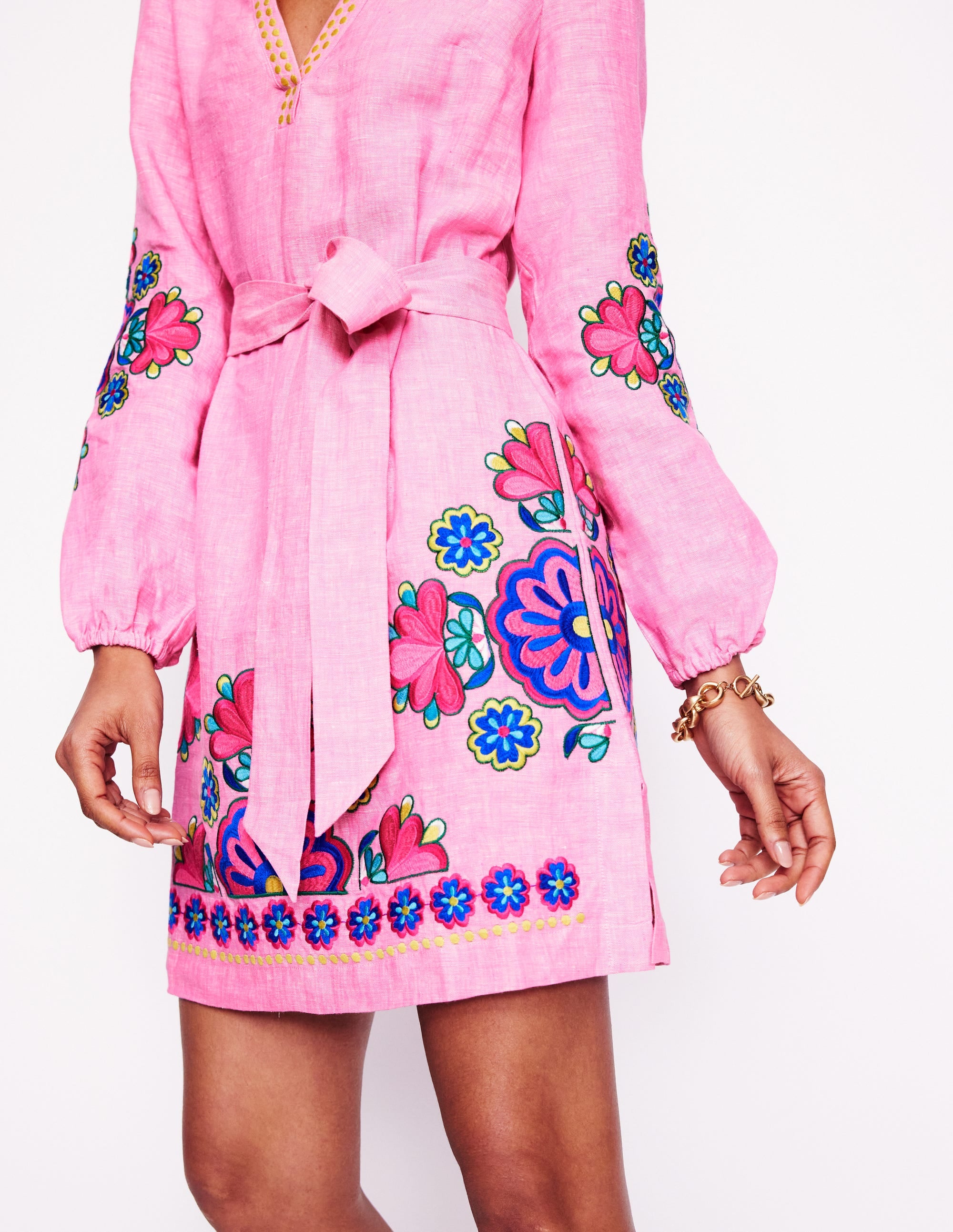  Cleo Tie Waist Linen Dress-Pink Chambray Embroidery、mySite、ashleygrahame