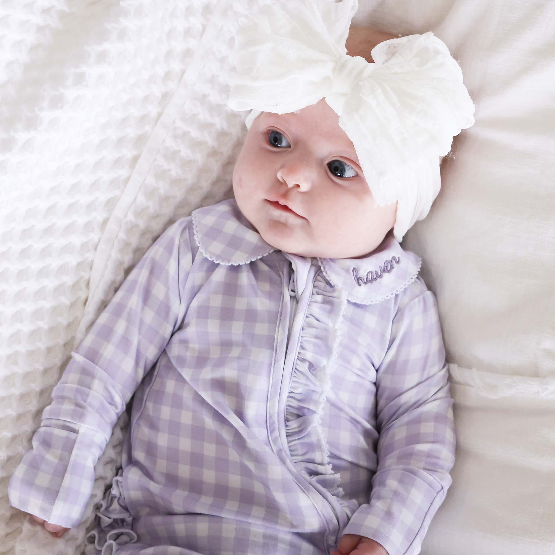  Peter Pan Collar Ruffle Zipper Footie | Lilac Gingham、mySite、layawaytickets