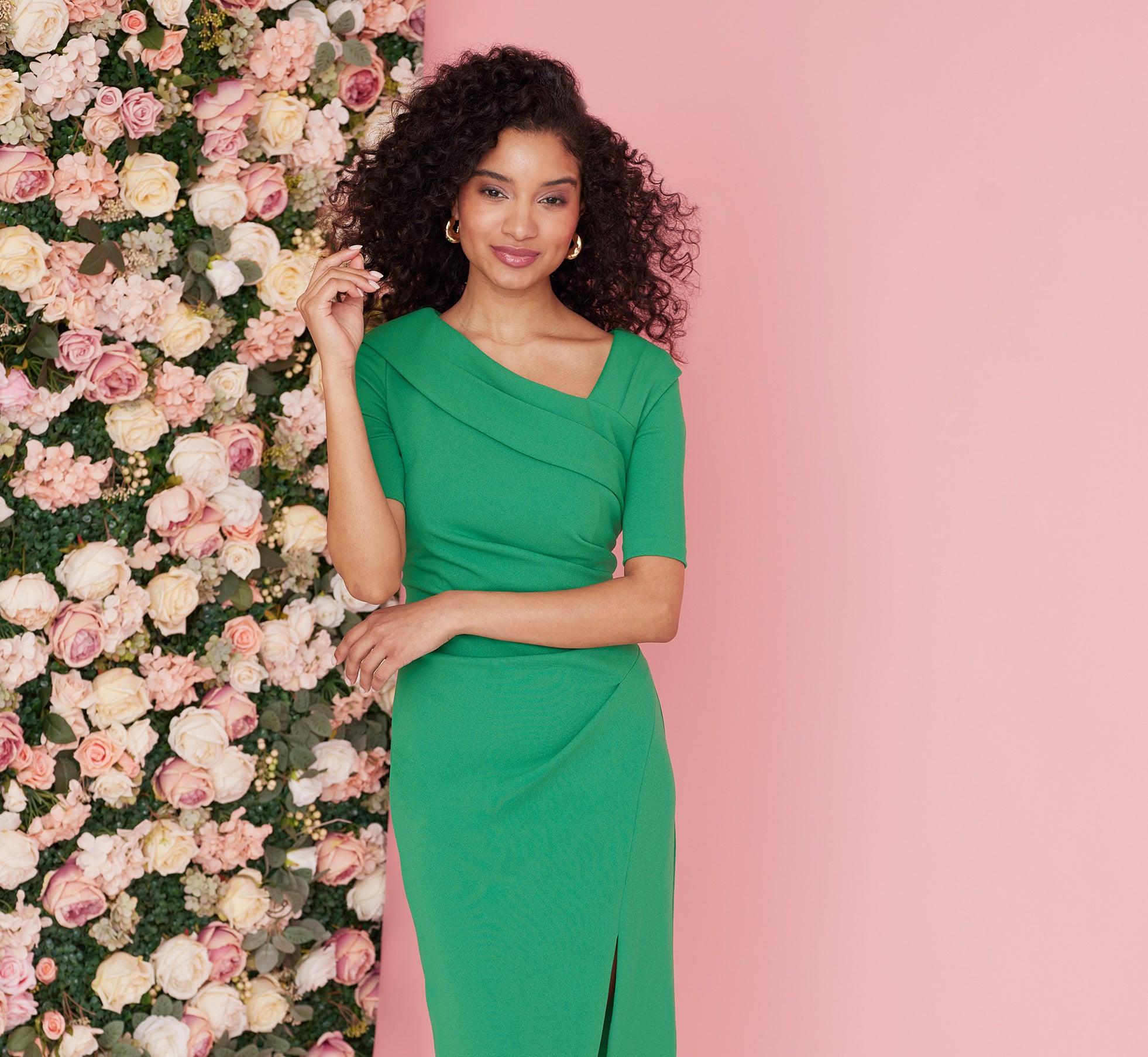 Short Sleeves Sheath Dress With Asymmetrical Neckline In Vivid Green、mySite、solidvoid