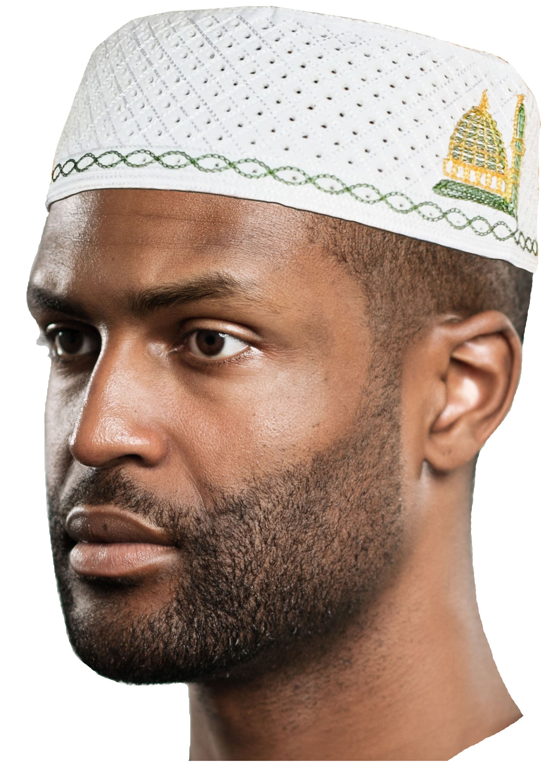 White, Gold and Green Kofia Hat African Embroidered Kufi Cap-DPH624、mySite、solidvoid