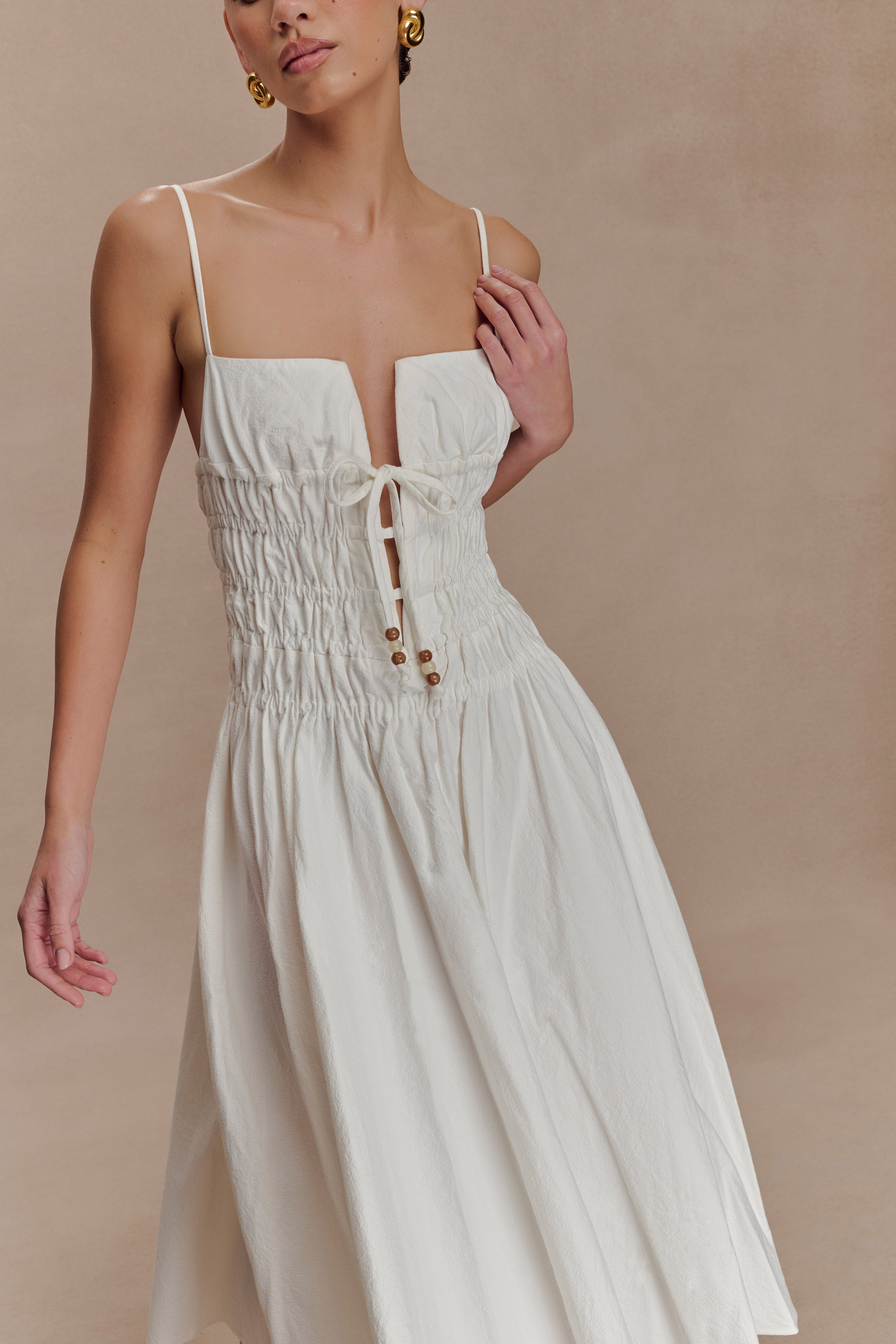 Elias Shirred Cotton Midi Dress - White、mySite、solidvoid