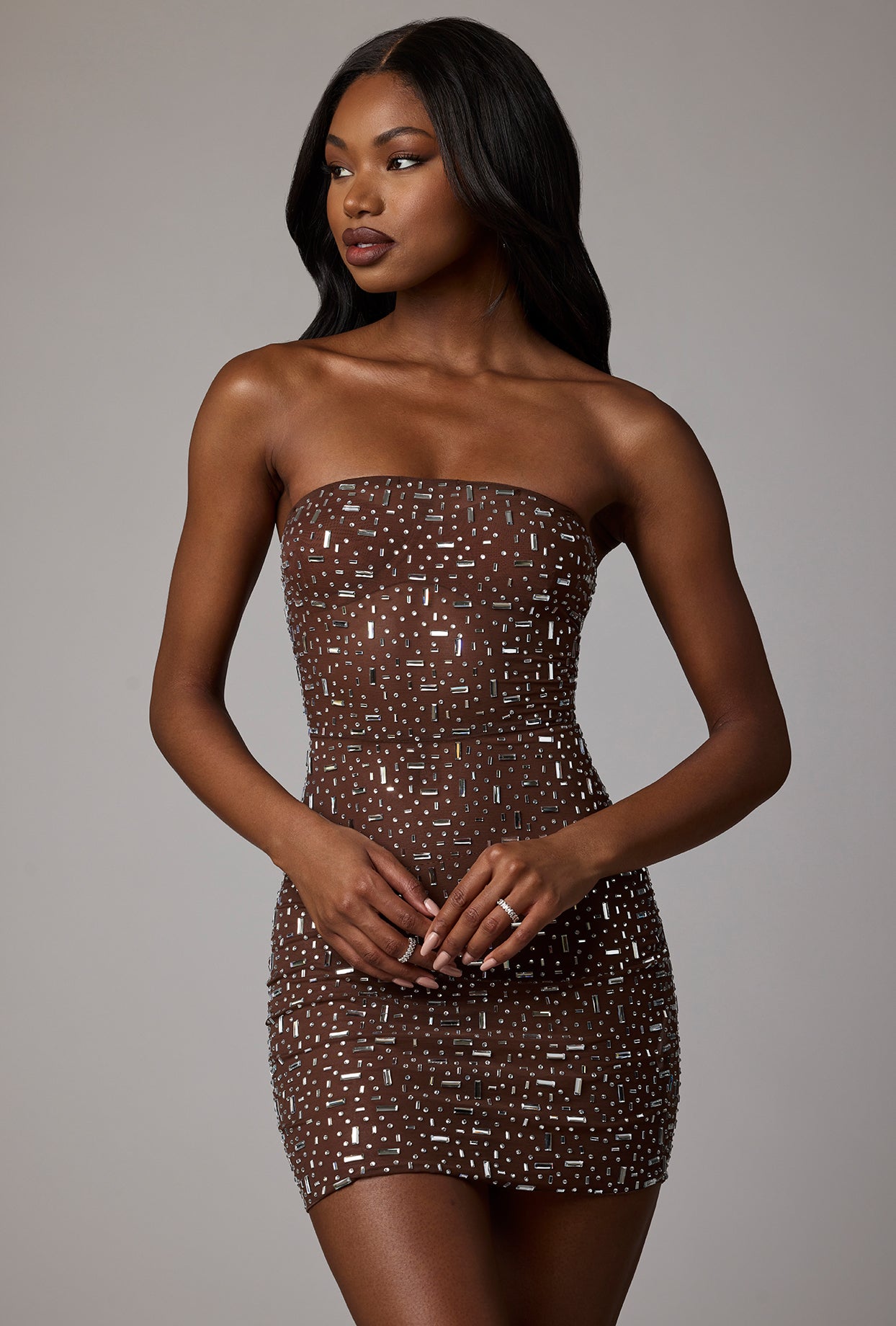 Sheer Embellished Bodycon Mini Dress in Deep Cocoa、mySite、solidvoid